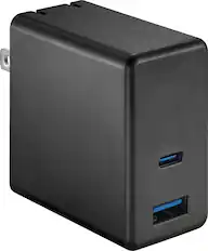 Front. Best Buy essentials™ - 65W Dual Port USB-C and USB Wall Charger for MacBook Pro, iPad, iPhone, Apple Watch, Smarthones & other USB-C Devices - Black.