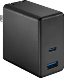 Best Buy essentials™ - 65W Dual Port USB-C and USB Wall Charger for MacBook Pro, iPad, iPhone, Apple Watch, Smarthones & other USB-C Devices - Black - Front_Zoom