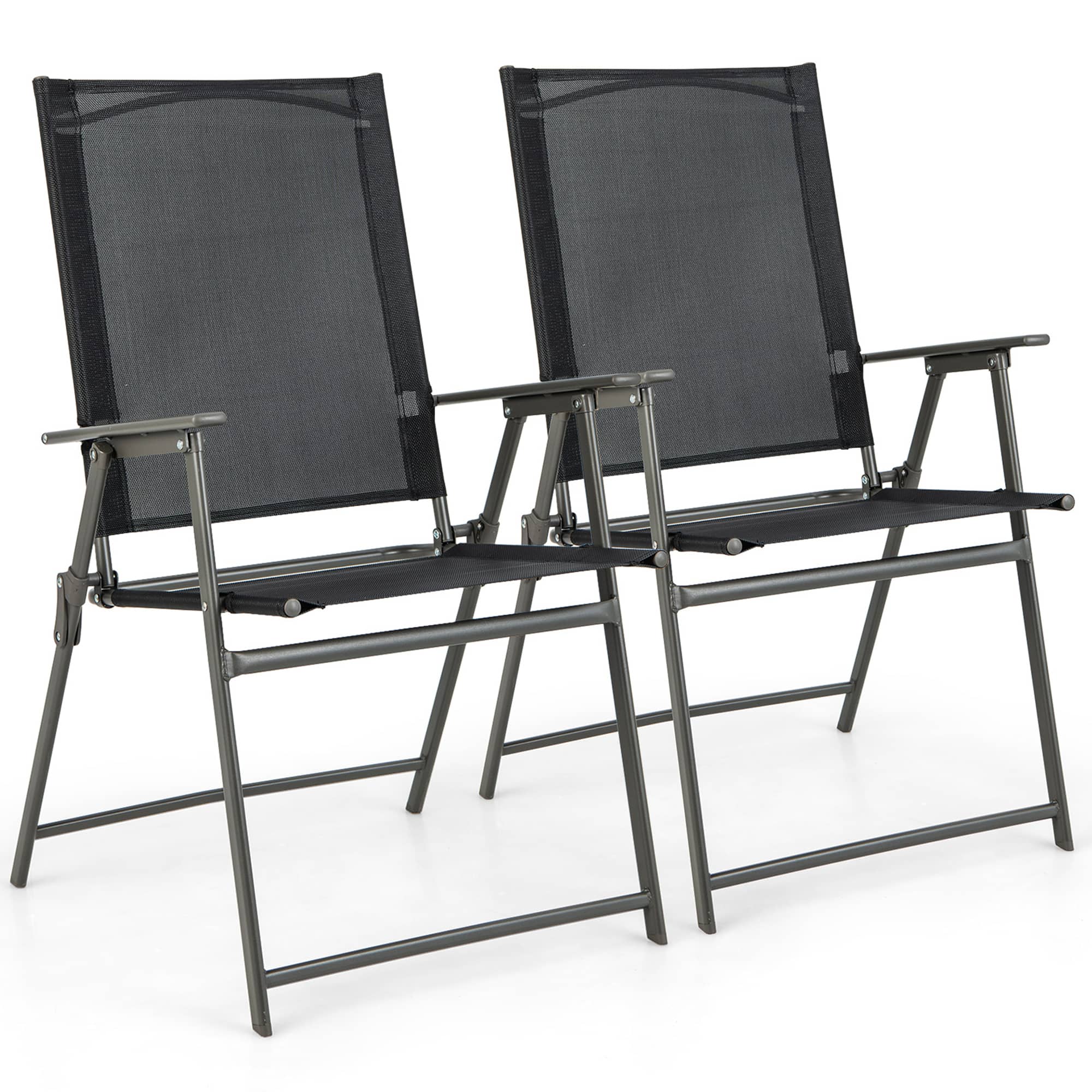 Gymax - 2PCS Patio Portable Metal Folding Chairs Dining Chair Set Poolside Garden - Black and Grey