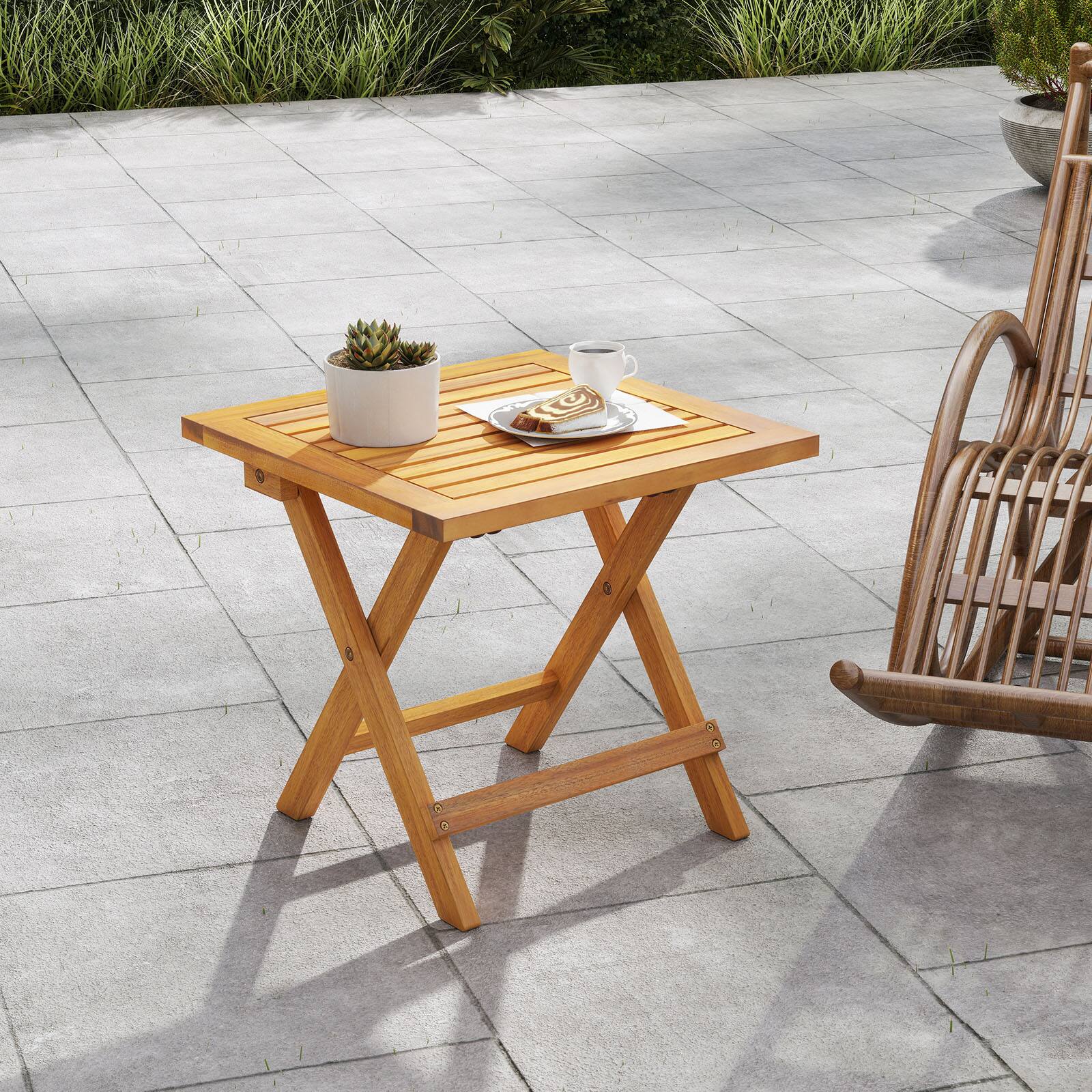 Alt View 1. Gymax - Gymax 2 PCS Outdoor Folding Side Table Acacia Wood End Table Square Patio Bistro Table - Yellow.