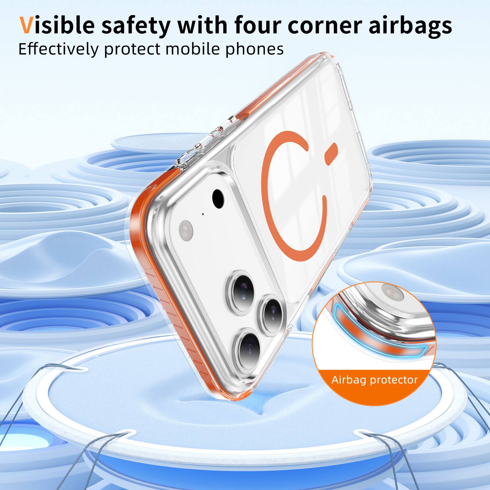 Visible safety with four corner airbags  
Effectively protect mobile phones  

Airbag protector