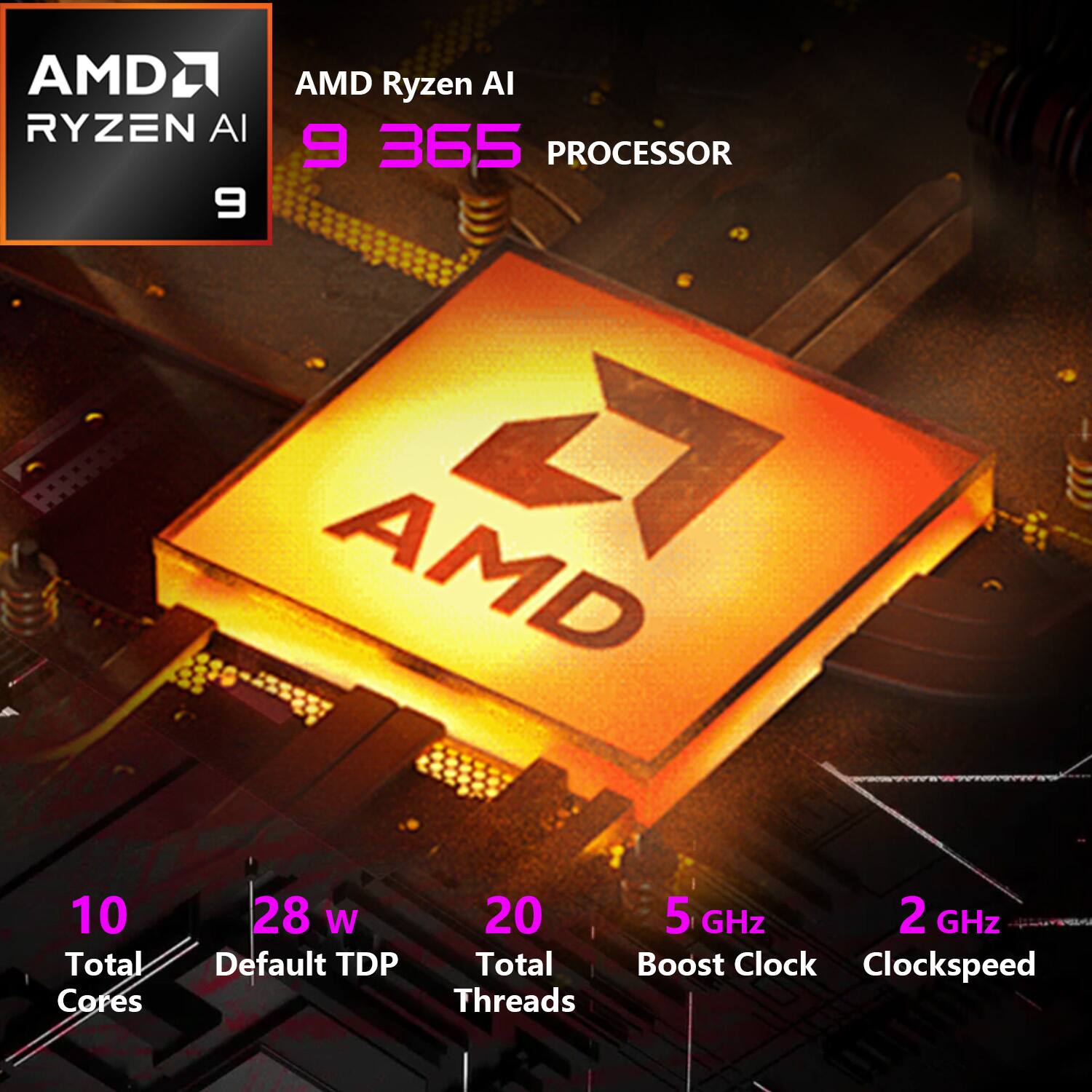 AMD Ryzen AI 9 365 Processor

- 10 Total Cores
- 20 Total Threads
- 28 W Default TDP
- 5 GHz Boost Clock
- 2 GHz Clockspeed