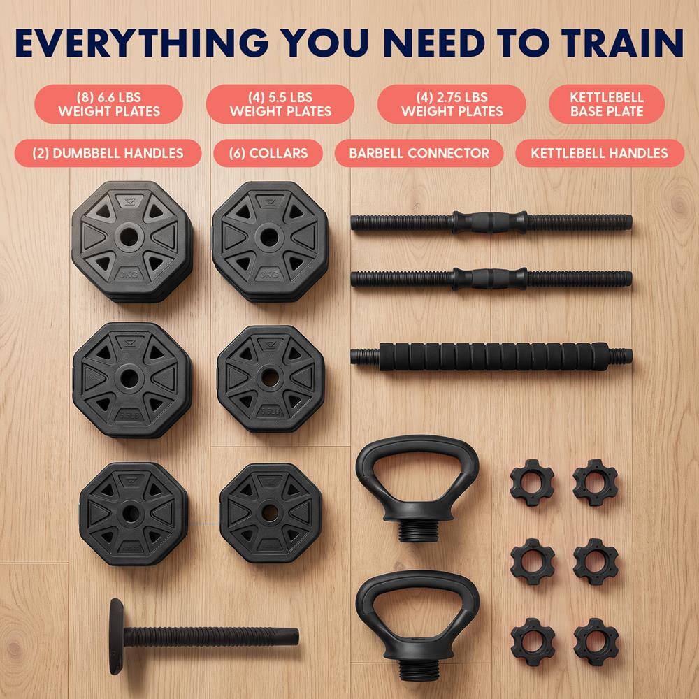 EVERYTHING YOU NEED TO TRAIN

(8) 6.6 LBS WEIGHT PLATES  
(4) 5.5 LBS WEIGHT PLATES  
(4) 2.75 LBS WEIGHT PLATES  
KETTLEBELL BASE PLATE  
(2) DUMBBELL HANDLES  
(6) COLLARS  
BARBELL CONNECTOR  
KETTLEBELL HANDLES  
KG  
3KG