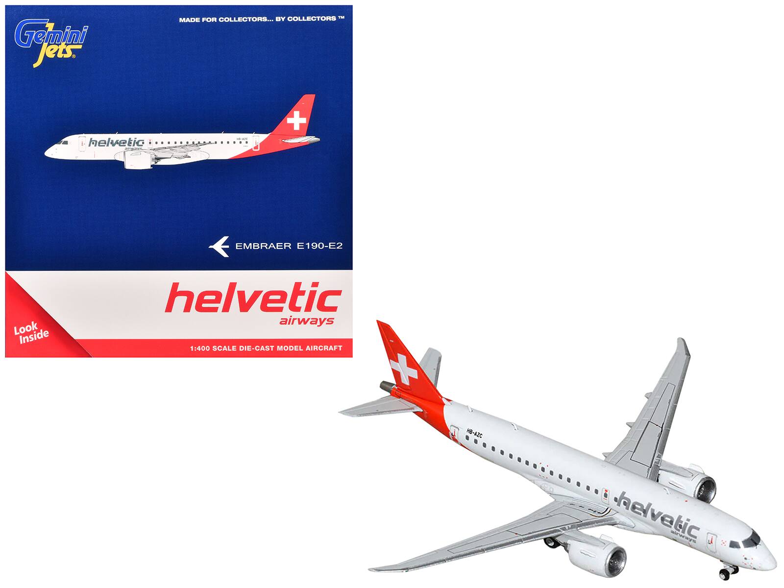 Gemini Jets  
MADE FOR COLLECTORS... BY COLLECTORS™  

helvetic airways  
EMBRAER E190-E2  

1:400 SCALE DIE-CAST MODEL AIRCRAFT  

Look Inside  

helvetic airways  
HB-AZC