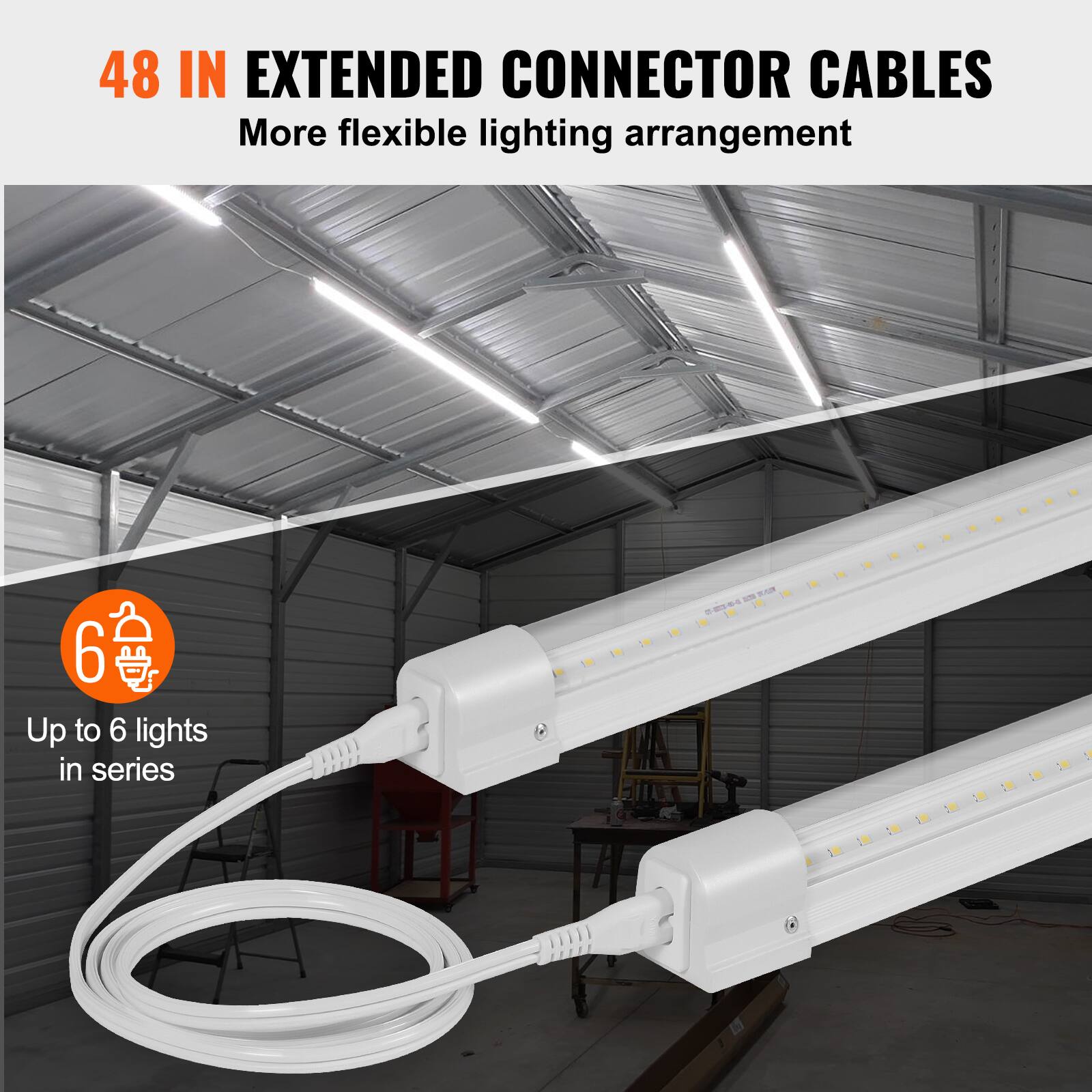 48 IN EXTENDED CONNECTOR CABLES  
More flexible lighting arrangement  

Up to 6 lights in series