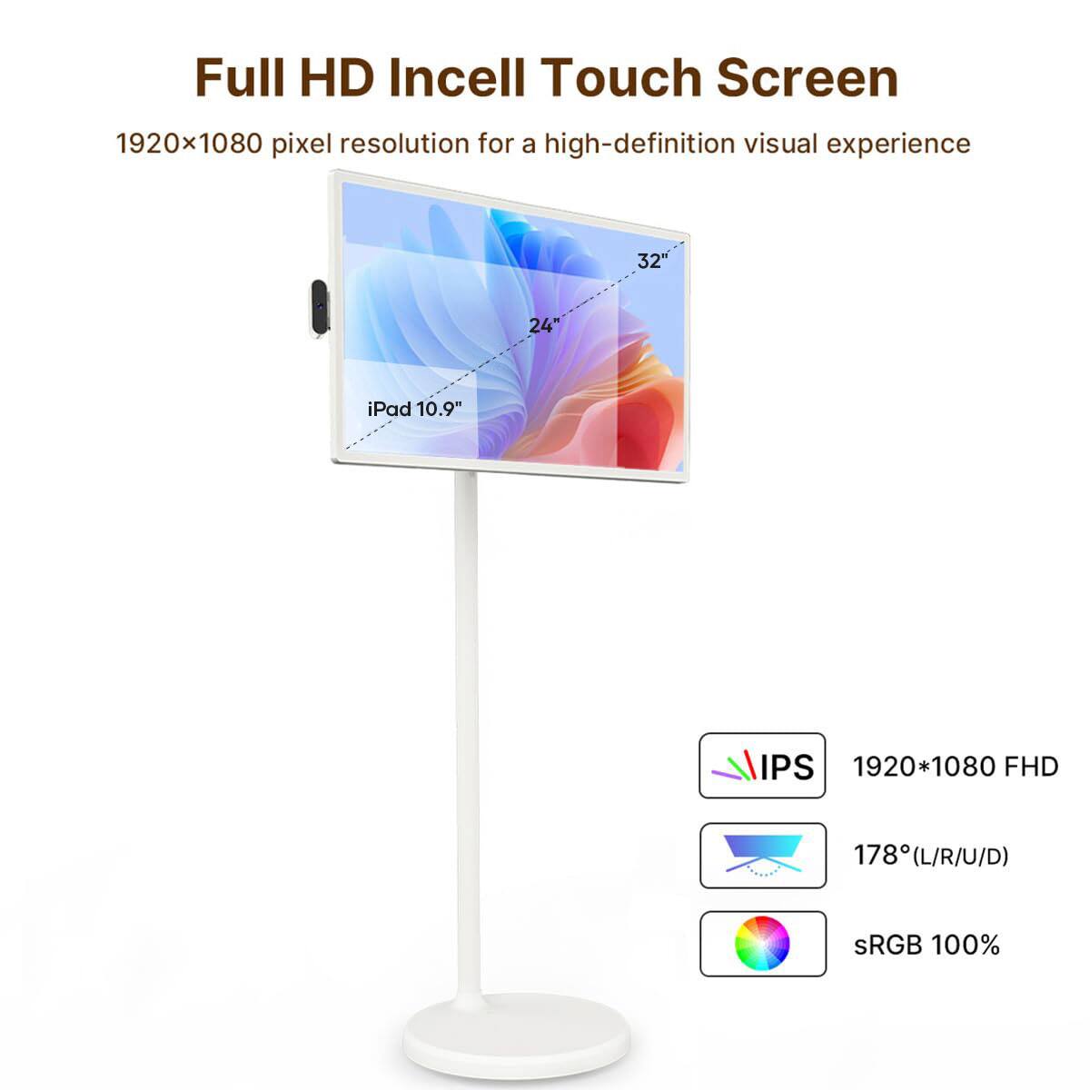 Full HD Incell Touch Screen  
1920x1080 pixel resolution for a high-definition visual experience  

32"  
24"  
iPad 10.9"  

IPS  
1920*1080 FHD  
178° (L/R/U/D)  
sRGB 100%