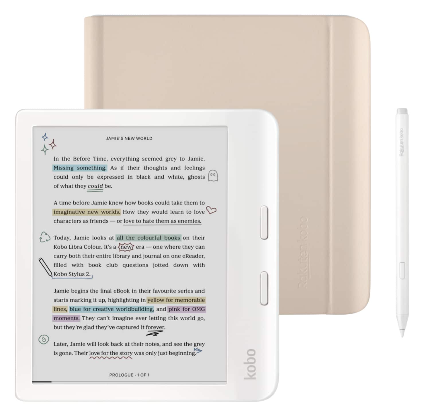 Kobo - Libra Colour (White) eReader with White Stylus 2Gen Bundle - 2024 - Sand Beige Notebook SleepCover