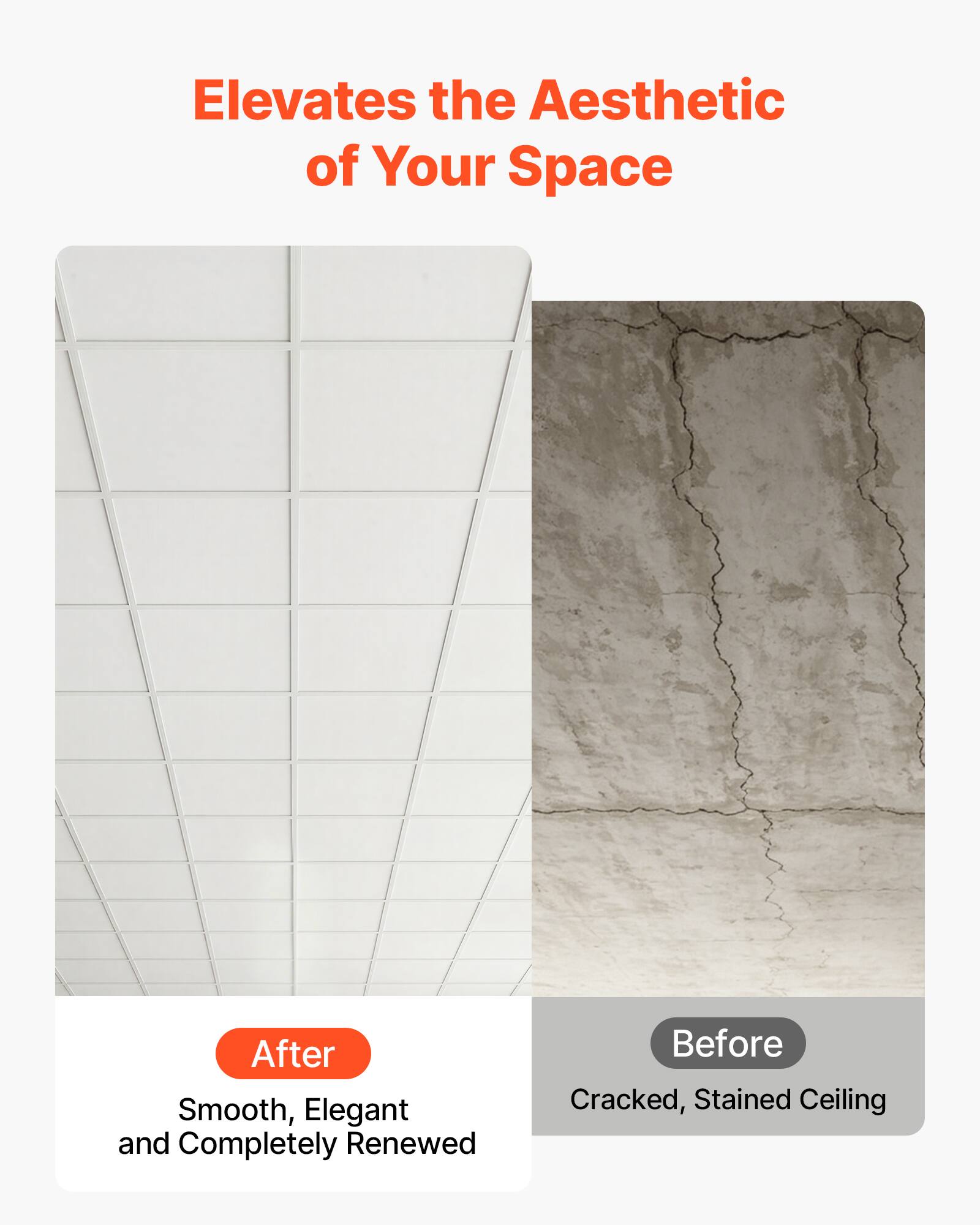 Elevates the Aesthetic of Your Space

After
Smooth, Elegant and Completely Renewed

Before
Cracked, Stained Ceiling