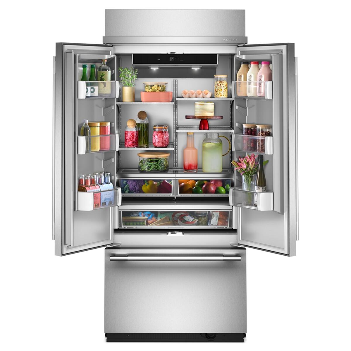 Angle. KitchenAid - 20.8 Cu. Ft. Built-In French Door Bottom Mount Refrigerator - Stainless Steel with PrintShield Finish.