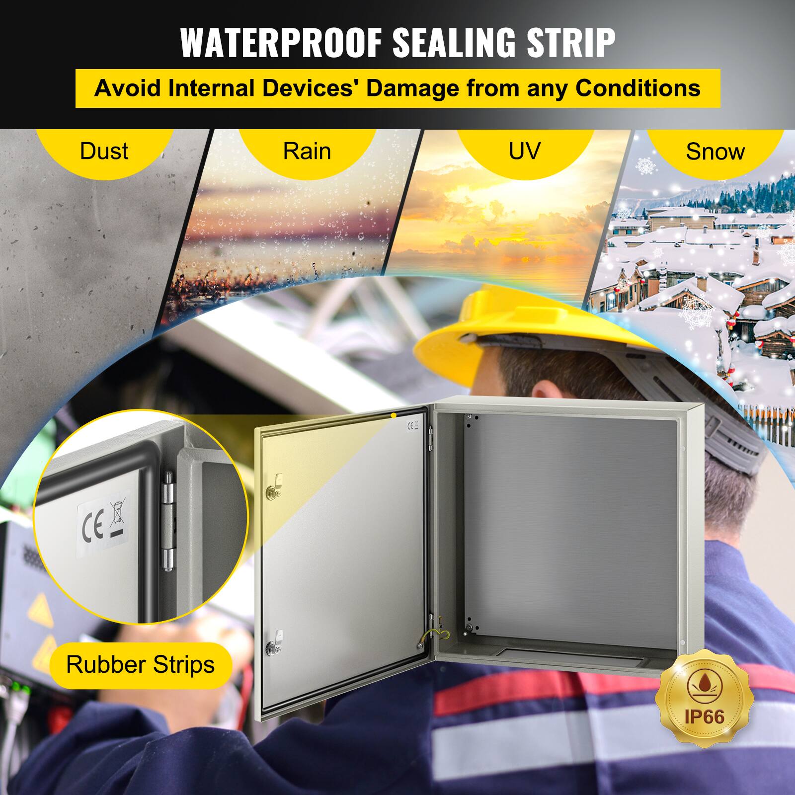 WATERPROOF SEALING STRIP  
Avoid Internal Devices' Damage from any Conditions  
Dust  
Rain  
UV  
Snow  
Rubber Strips  
CE  
IP66