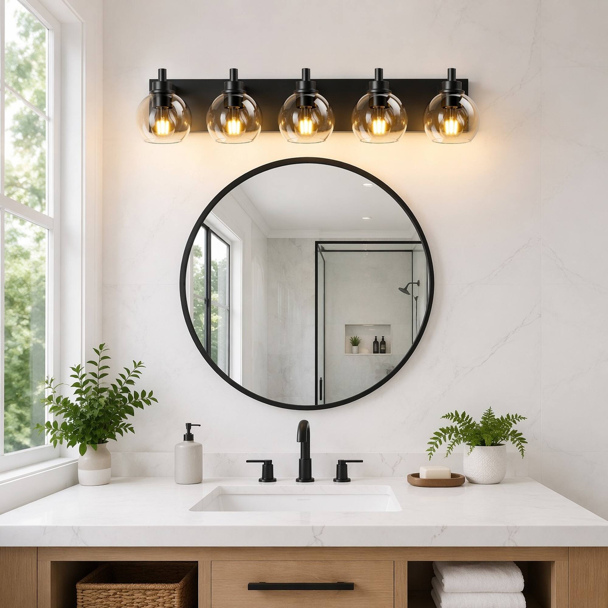 Angle. RYHNUYNE - Modern 5-Light Black Vanity Light with Clear Globe Shades for Bathroom Mirror, Wall Sconce Fixture, Dimmable E26 Sockets.