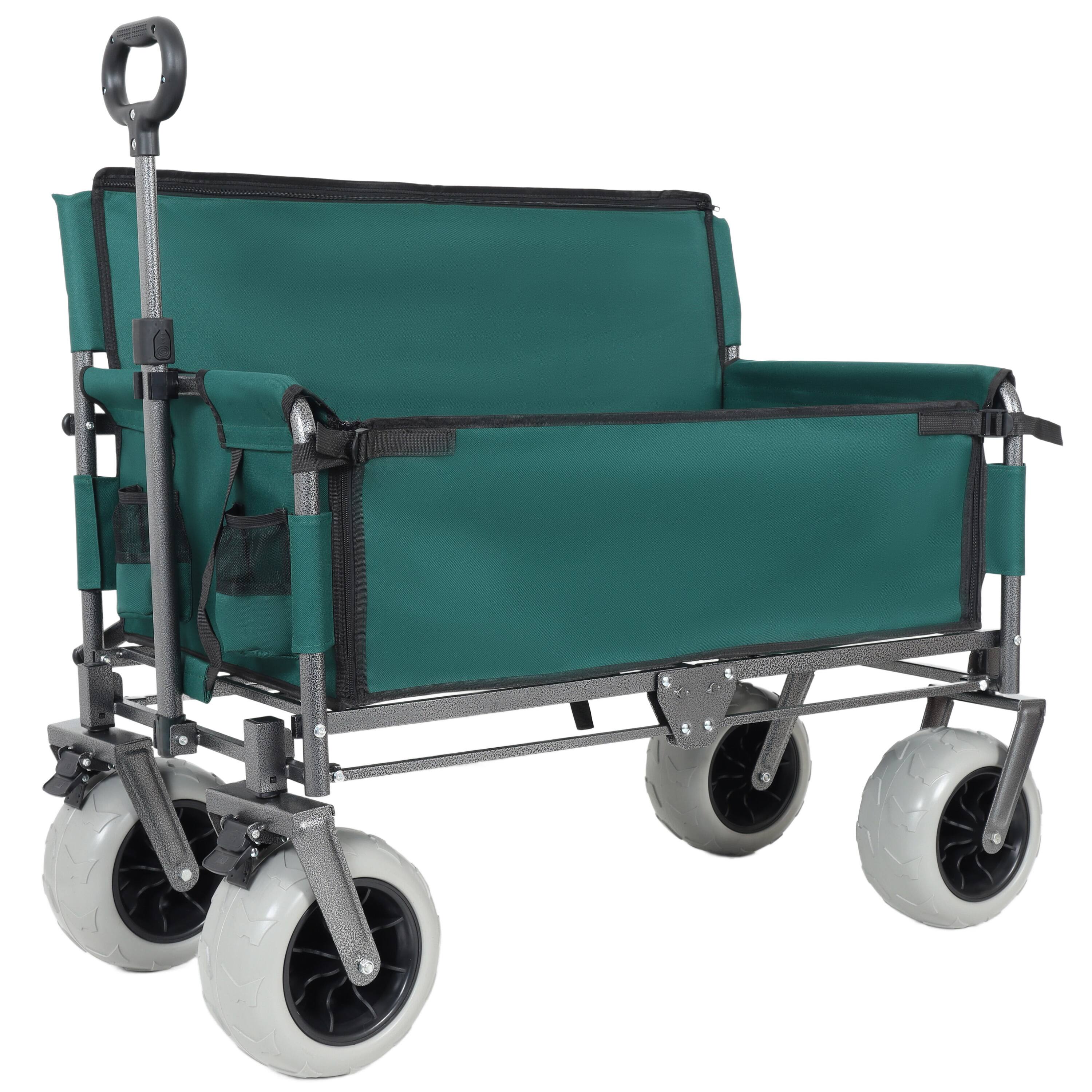 Angle. Mondawe - 3-in-1 500lbs Convertible Folding Wagon Utility Carts - Bench Seat w/ 180L Capacity, All-Terrain Wheels - Green.