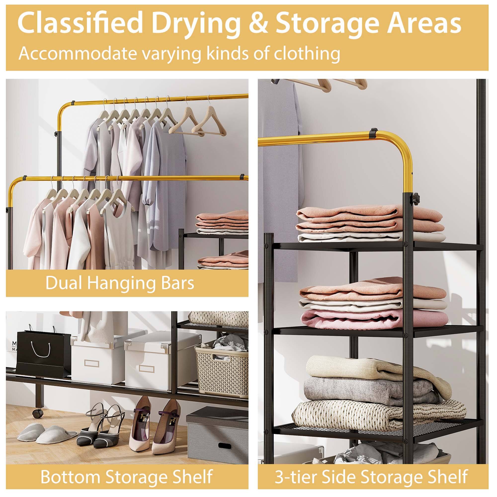 Classified Drying & Storage Areas
Accommodate varying kinds of clothing
Dual Hanging Bars
Bottom Storage Shelf
3-tier Side Storage Shelf