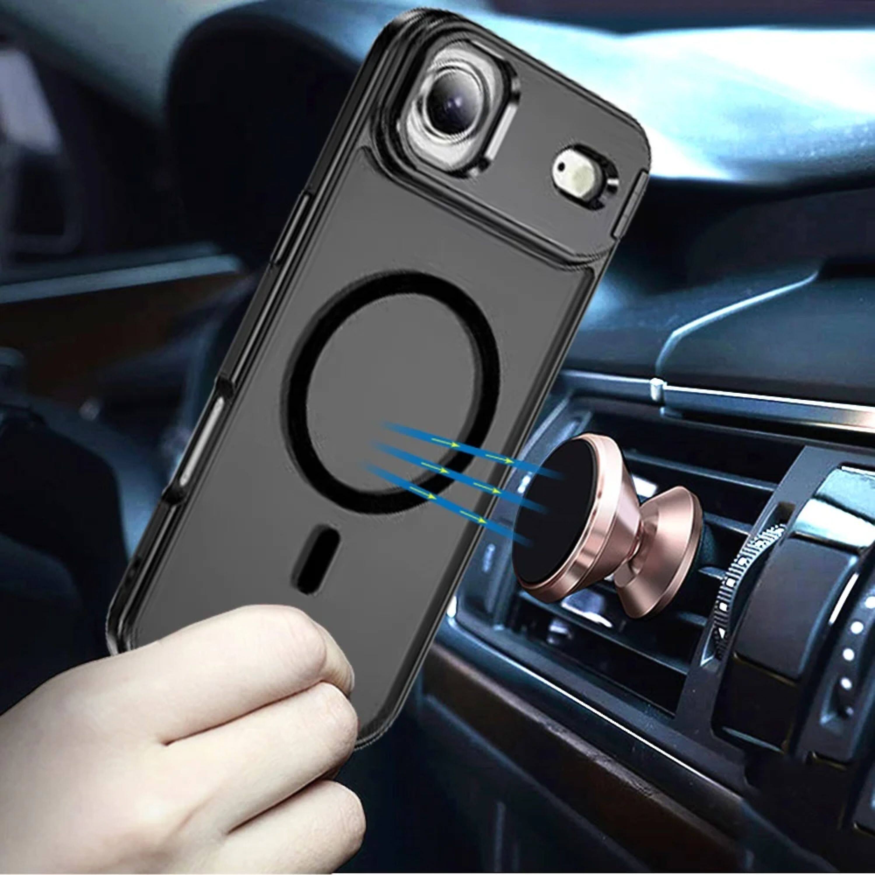 Alt View 1. Kitcheniva - Matte Magnetic Circle Metallic Lens Stand Phone Case With Tempered Glass For iPhone Air Black - Black.
