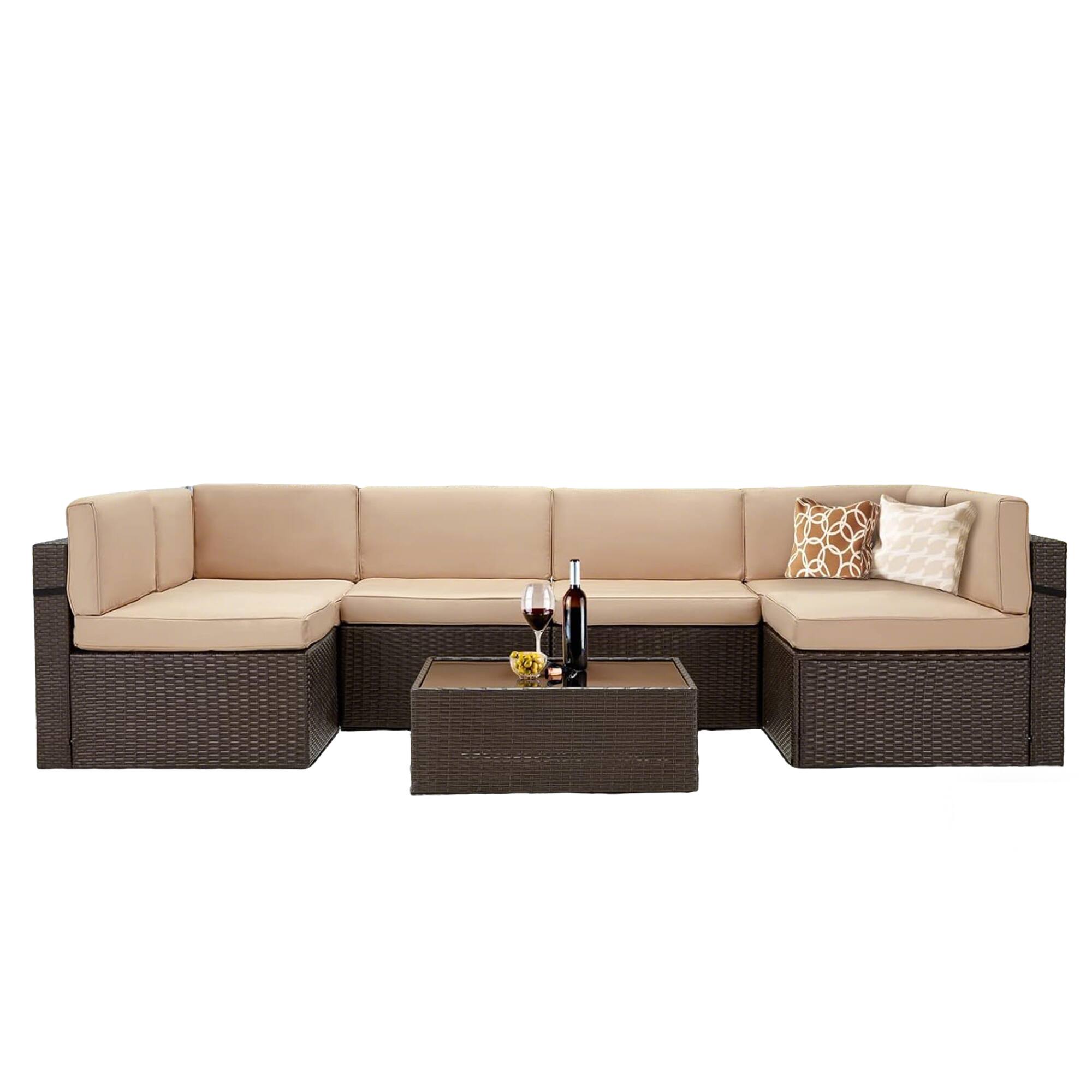 Alt View 1. Mondawe - 7-Piece Rattan Sofa Set with Polyester Cushions - Brown+Beige.