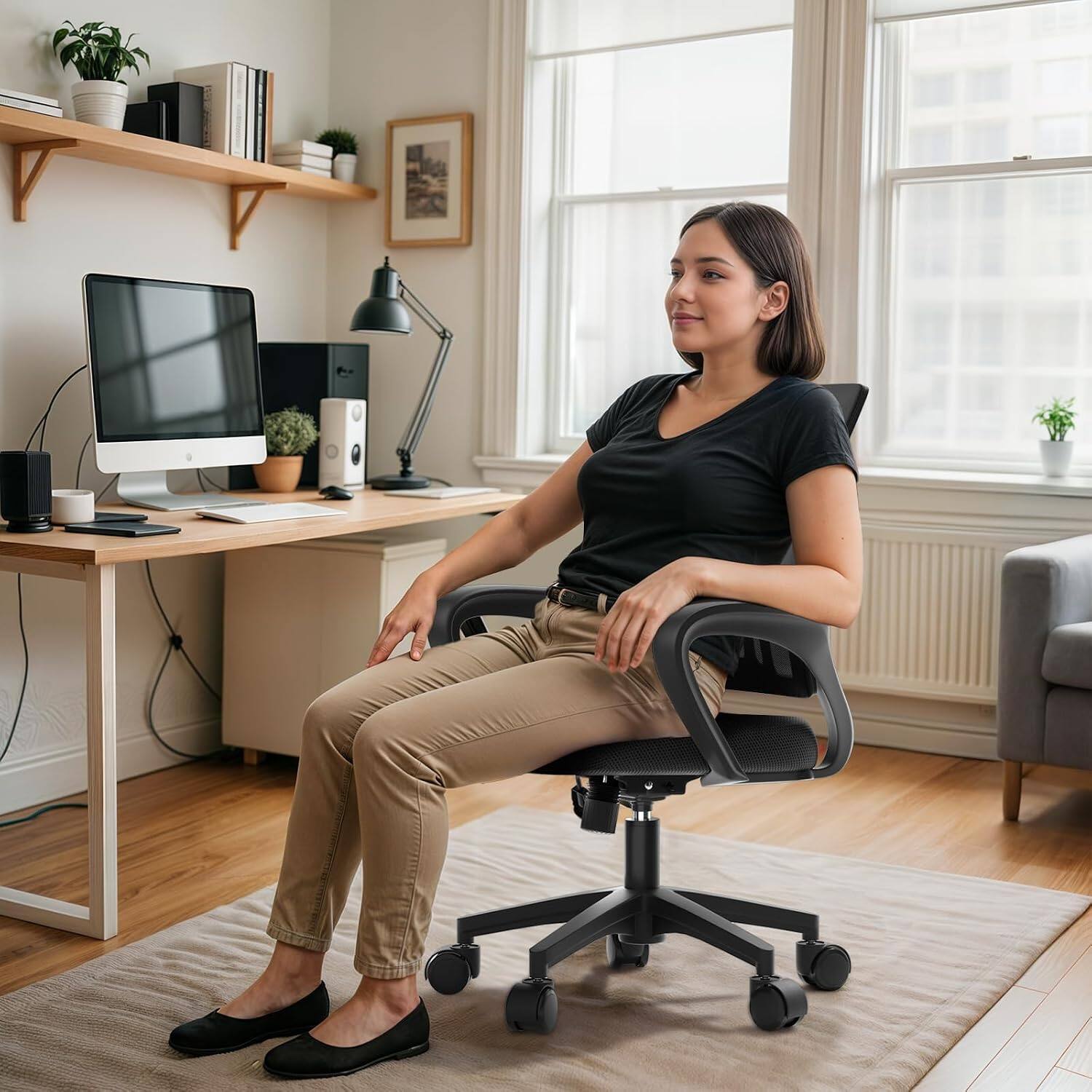Left. Sweet - Office Desk Chair, Mid-Back Swivel Ergonomic Chair with Lumbar Support, Rocking Mode, Height Adjustable for Home, Office - Black.
