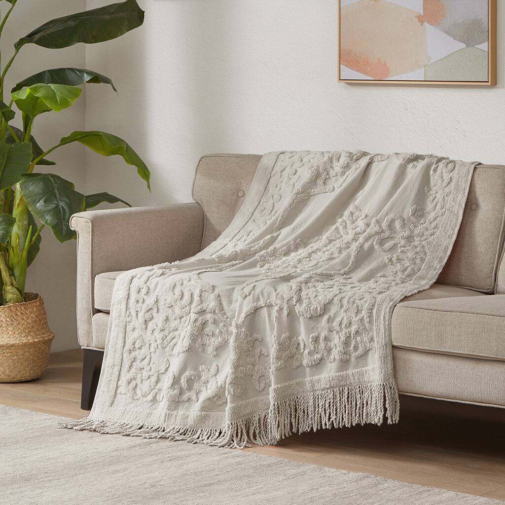 Alt View 1. Gracie Mills - Gracie Mills Butler Bohemian Cotton Tufted Chenille Throw with Fringe Tassel 50" x 60" - Grey.
