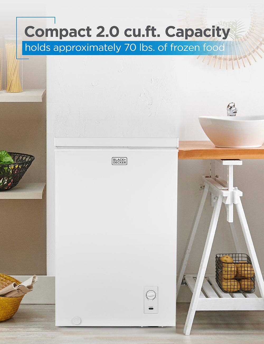 Compact 2.0 cu.ft. Capacity holds approximately 70 lbs. of frozen food