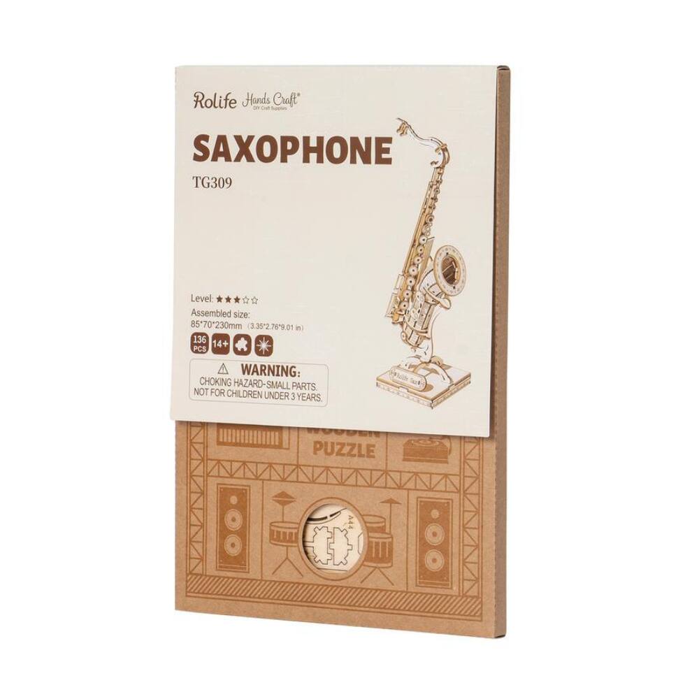 Rolife Hands Craft  
SAXOPHONE  
TG309  

Level: ★★★☆☆  
Assembled size: 85*70*230mm (3.35*2.76*9.01 in)  
136 pieces  
14+  

WARNING: CHOKING HAZARD - SMALL PARTS. NOT FOR CHILDREN UNDER 3 YEARS.  

PUZZLE