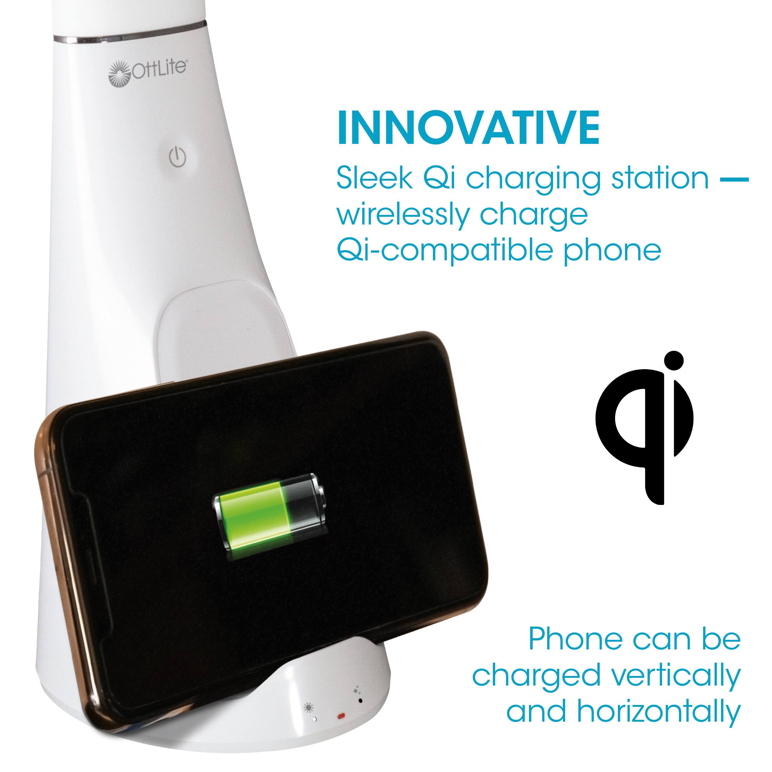 OttLite is an innovative sleek Qi charging station that wirelessly charges Qi-compatible phones. The phone can be charged vertically and horizontally, making it a convenient and versatile charging solution.