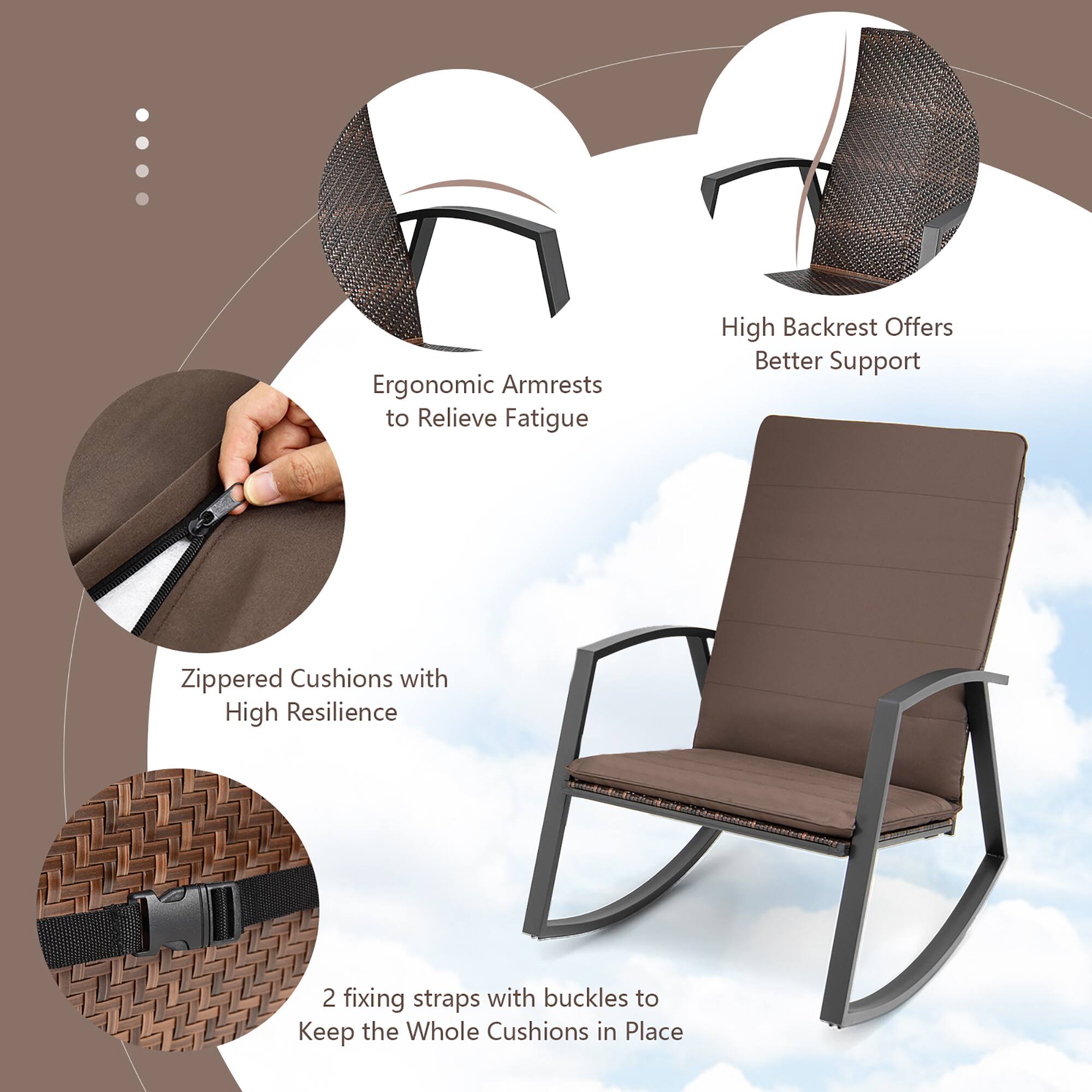 Ergonomic Armrests to Relieve Fatigue, High Backrest Offers Better Support, Zippered Cushions with High Resilience, 2 fixing straps with buckles to Keep the Whole Cushions in Place