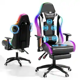 COQOOL - Gaming Chair with Bluetooth Speakers, Multi-Point Vibration Massage Gaming Chair, Ergonomic Back Recliner with Footrest - black-white