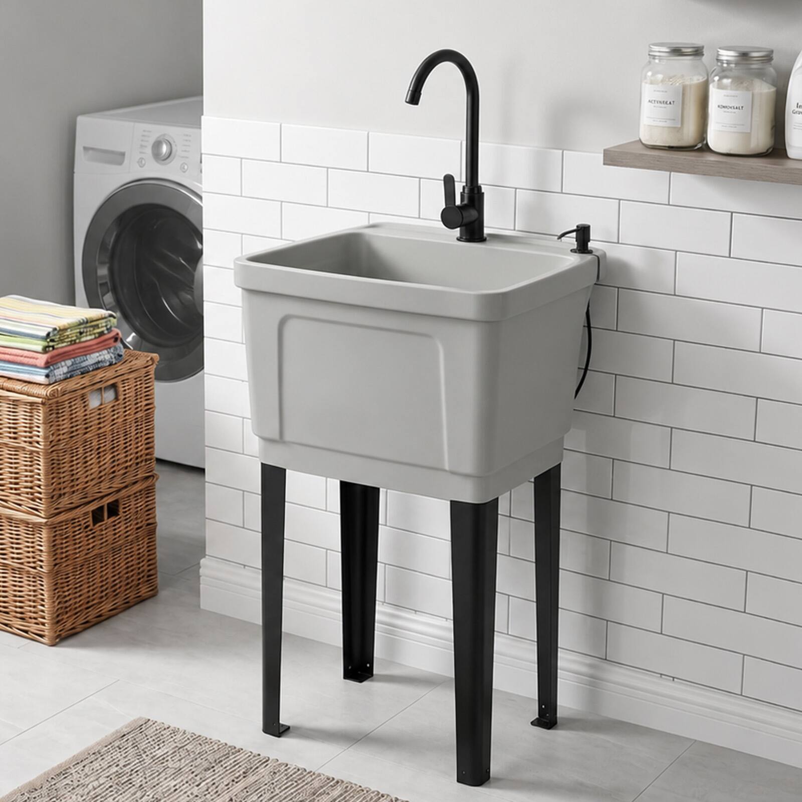 Alt View 2. Winado - Freestanding Utility Sink with Stainless Steel Faucet, Pop Up Drain, Soap Dispenser, Adjustable Leveler for Pet Grooming - Grey.