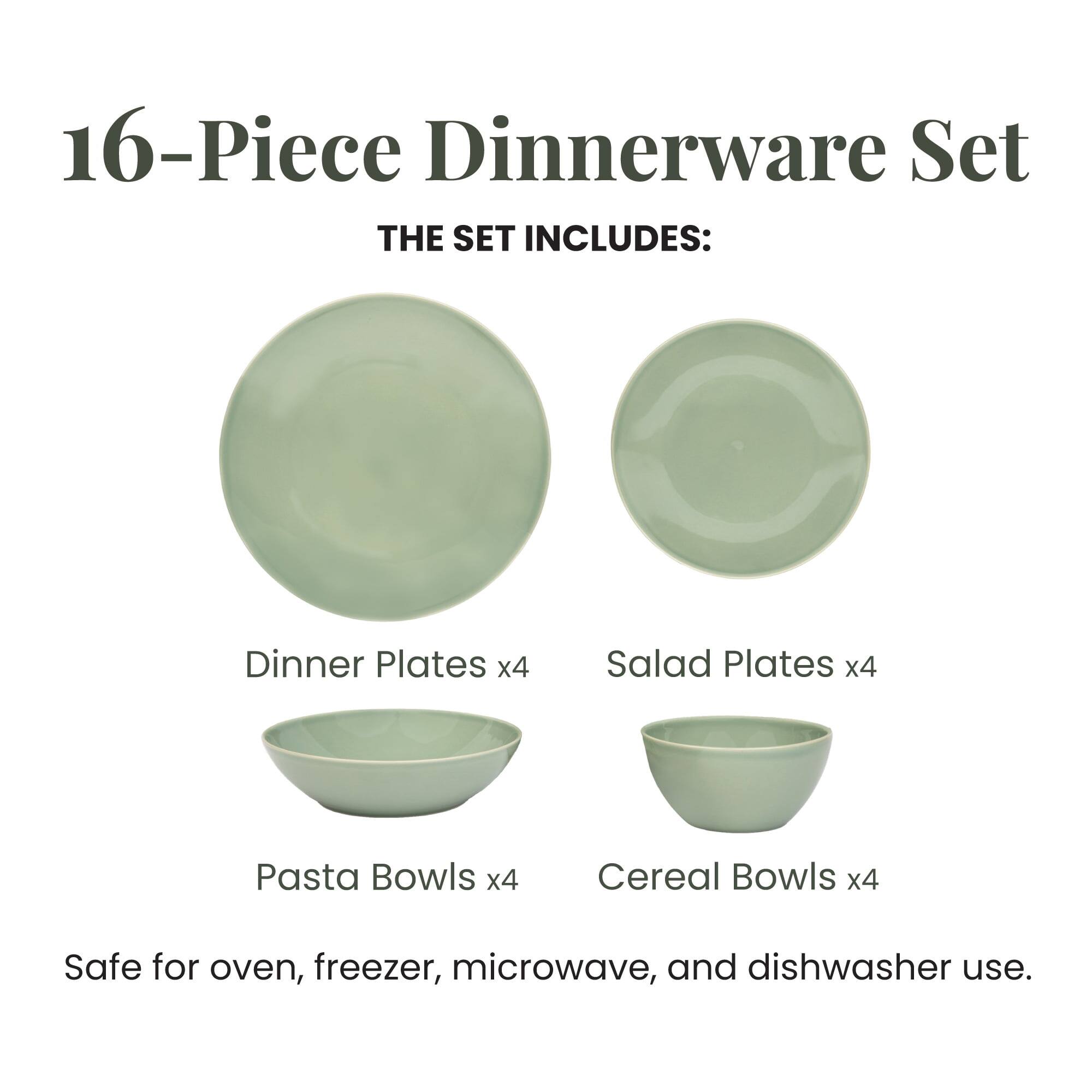 16-Piece Dinnerware Set

THE SET INCLUDES:
- Dinner Plates x4
- Salad Plates x4
- Pasta Bowls x4
- Cereal Bowls x4

Safe for oven, freezer, microwave, and dishwasher use.