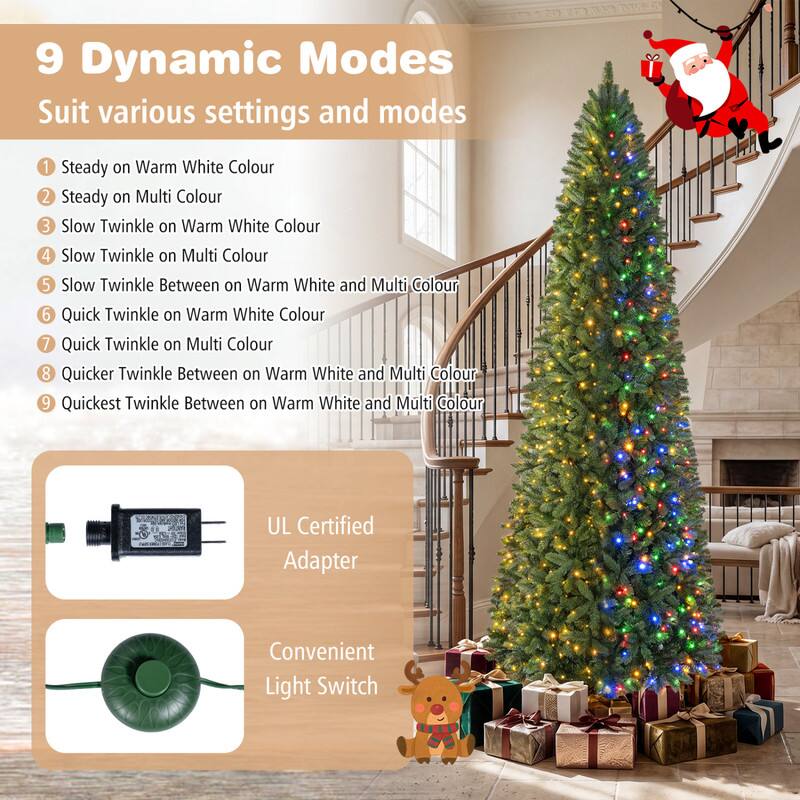 9 Dynamic Modes  
Suit various settings and modes

1. Steady on Warm White Colour  
2. Steady on Multi Colour  
3. Slow Twinkle on Warm White Colour  
4. Slow Twinkle on Multi Colour  
5. Slow Twinkle Between on Warm White and Multi Colour  
6. Quick Twinkle on Warm White Colour  
7. Quick Twinkle on Multi Colour  
8. Quicker Twinkle Between on Warm White and Multi Colour  
9. Quickest Twinkle Between on Warm White and Multi Colour  

UL Certified Adapter  
Convenient Light Switch