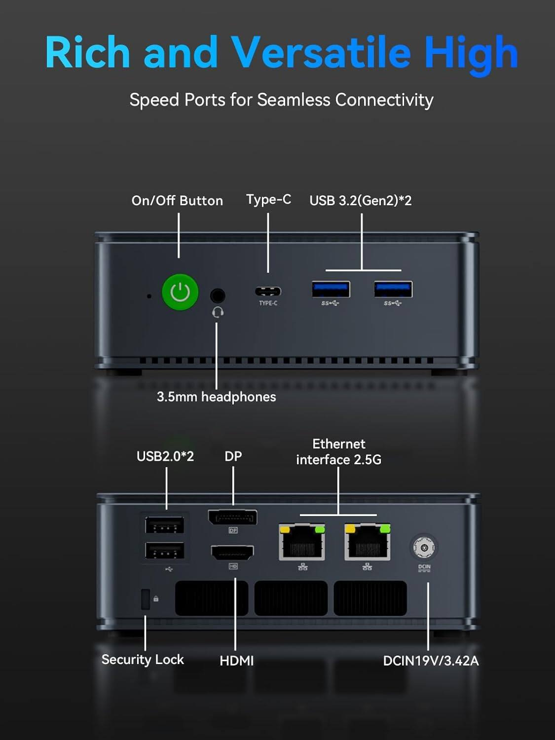 Rich and Versatile High Speed Ports for Seamless Connectivity

- On/Off Button
- Type-C USB 3.2 (Gen2)*2
- 3.5mm headphones
- USB2.0*2
- DP
- Ethernet interface 2.5G
- Security Lock
- HDMI
- DCIN 19V/3.42A
