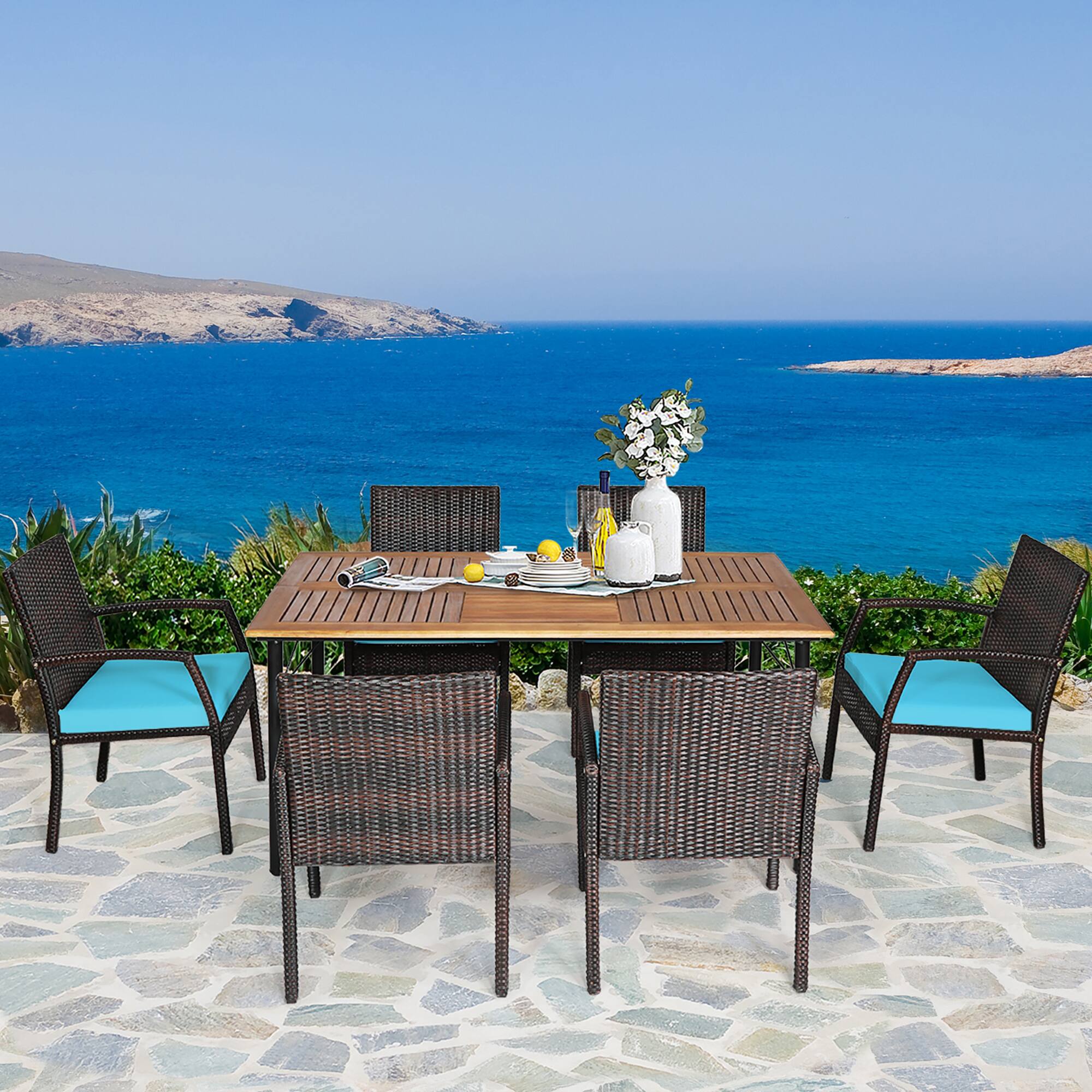 Alt View 3. Gymax - Gymax 7PCS Patio Dining Furniture Set Yard w/ Wooden Tabletop Turquoise Cushions - Turquoise.