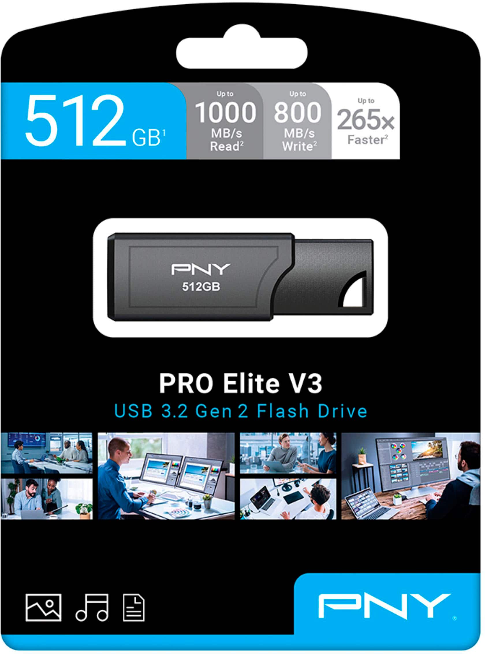 The text on the image reads: "512 GB Up to 1000 MB/s Up to 800 MB/s Faster Read2 Write2 PNY 512GB PRO Elite V3 USB 3.2 Gen 2 Flash Drive."