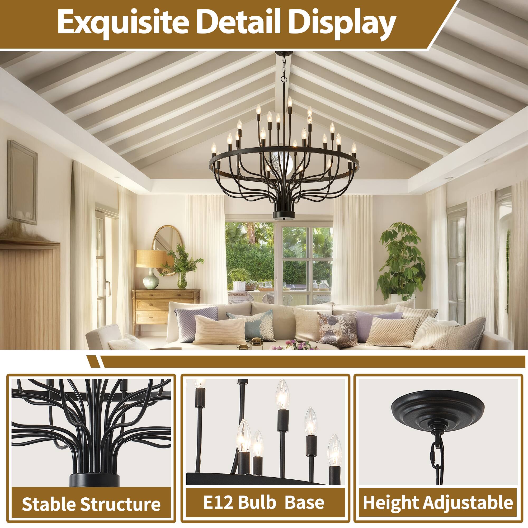 Alt View 3. RYHNUYNE - 24-Light Farmhouse Foyer Chandelier Entryway High Ceiling 39.3 Inch Modern Black Chandelier for Hallway Living Room - Black.