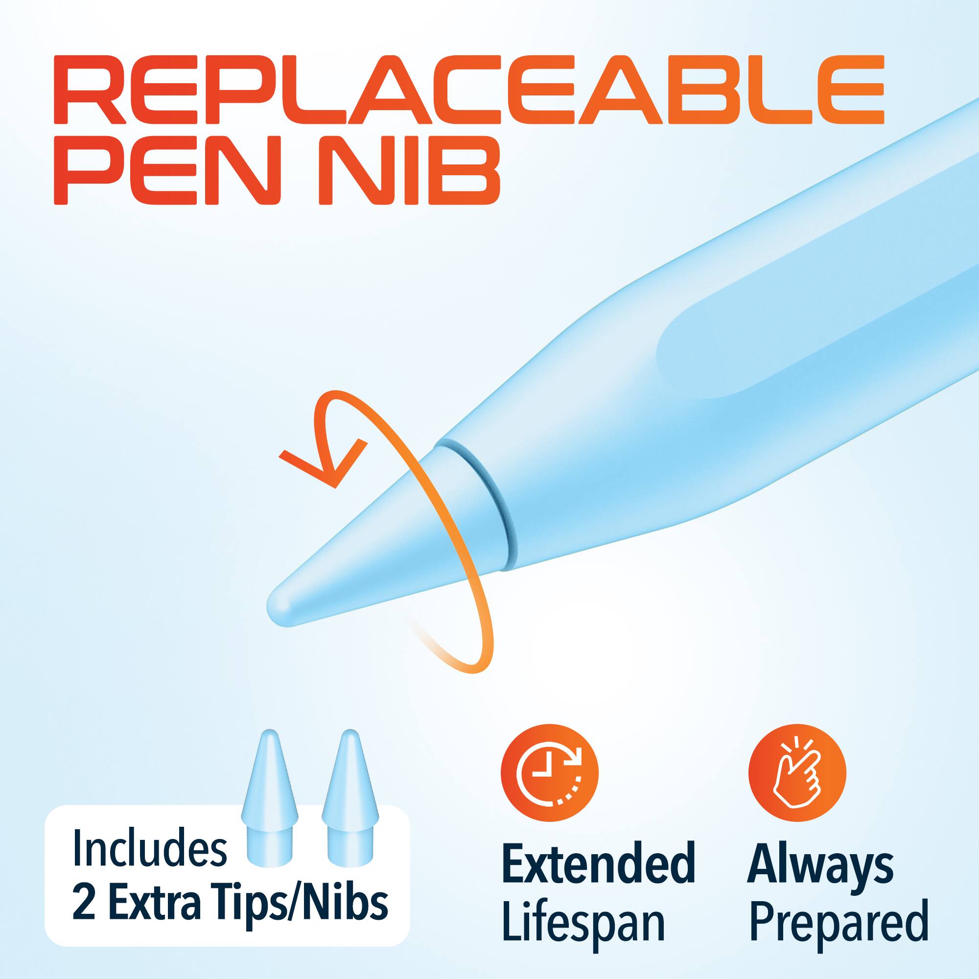 REPLACEABLE PEN NIB

Includes 2 Extra Tips/Nibs

Extended Lifespan

Always Prepared