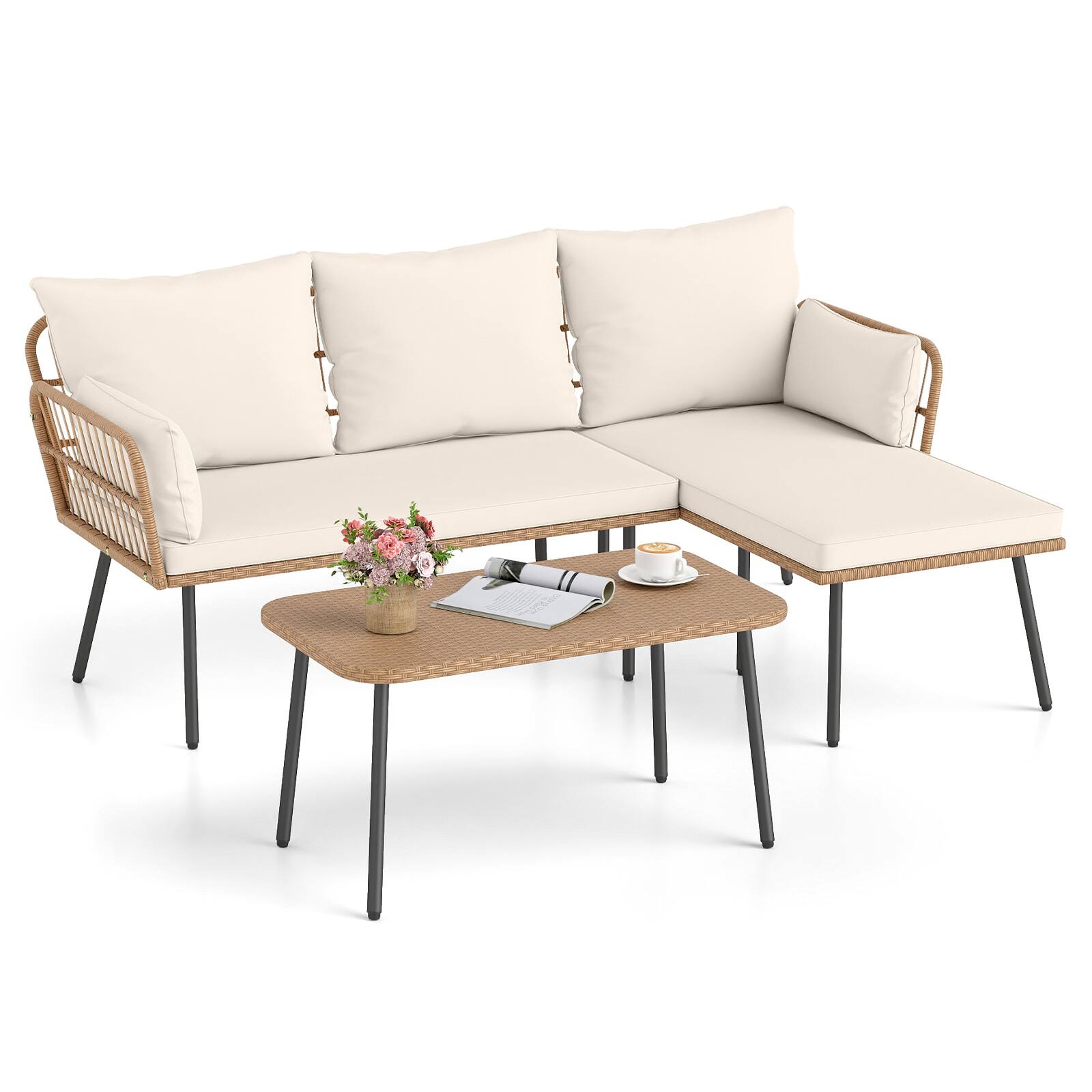 Alt View 9. Gymax - Gymax 3 Pieces L-Shaped Patio Furniture Set w/ Coffee Table Removable Cushions - Yellow.