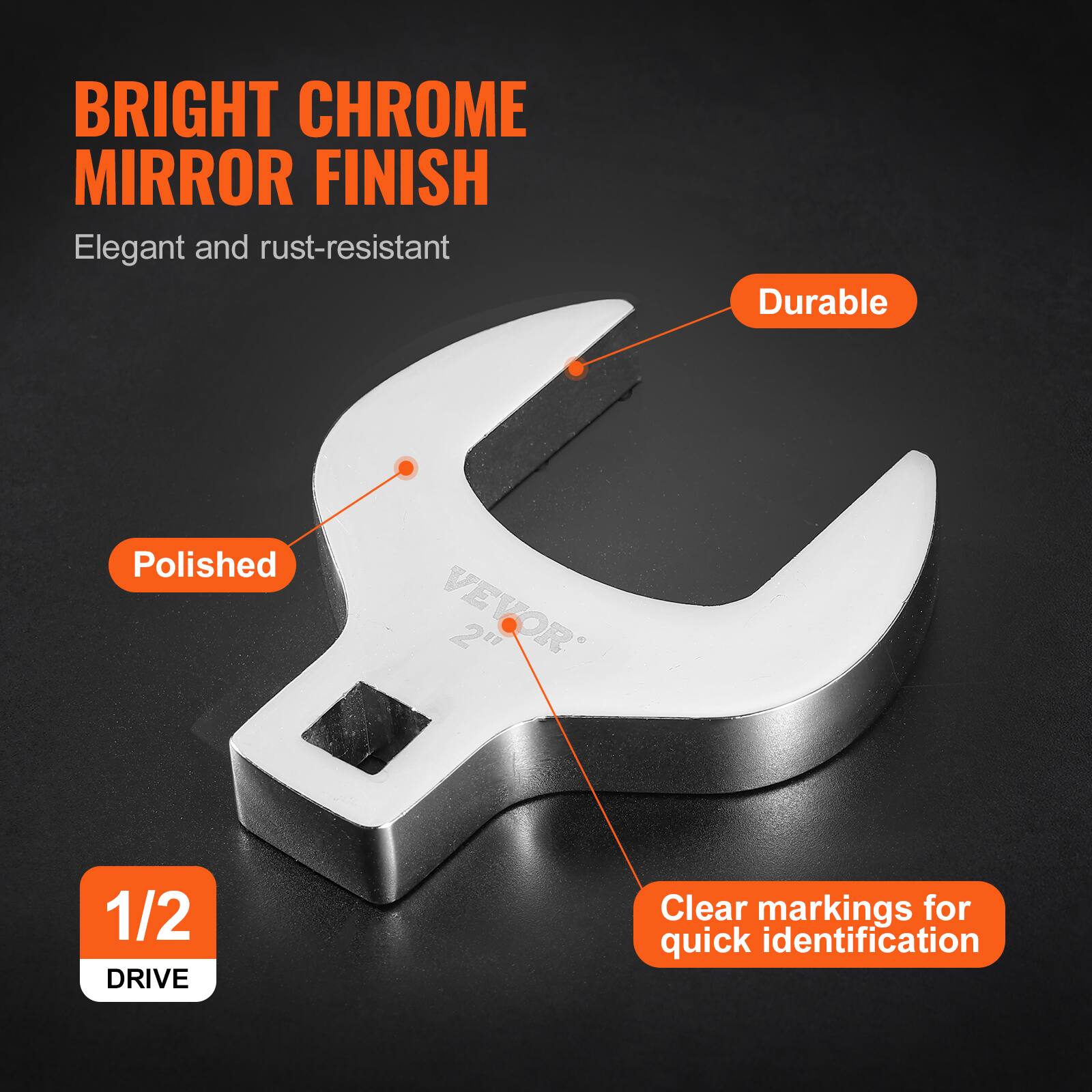 BRIGHT CHROME MIRROR FINISH  
Elegant and rust-resistant  

Durable  
Polished  
Clear markings for quick identification  

1/2 DRIVE