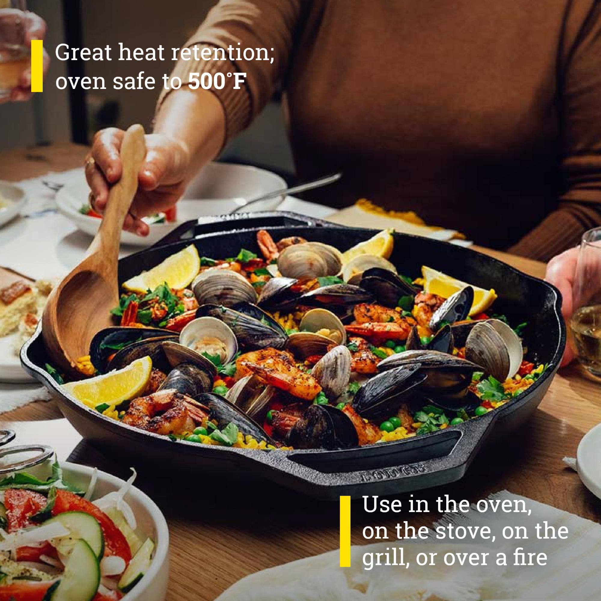 Great heat retention; oven safe to 500°F

Use in the oven, on the stove, on the grill, or over a fire