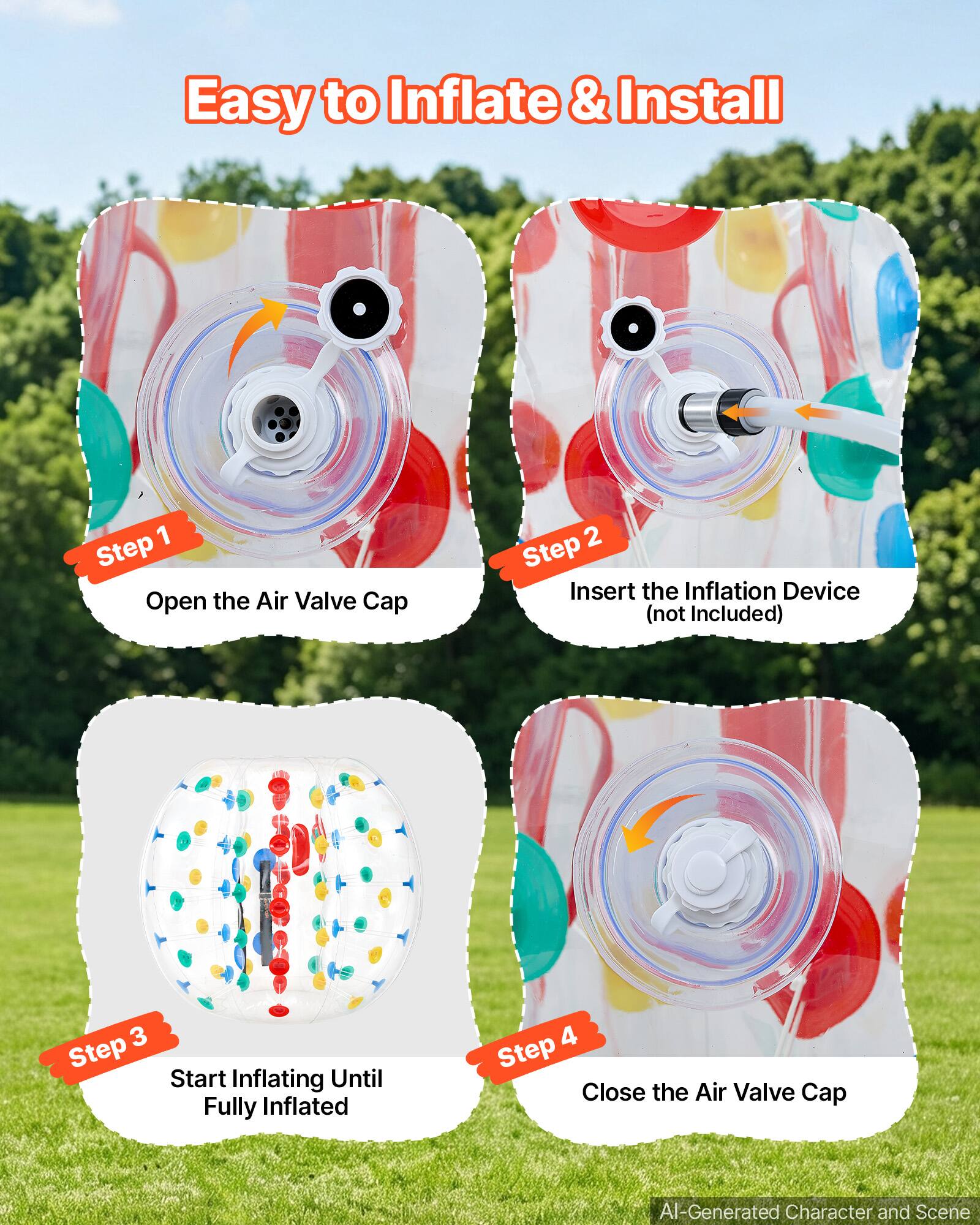 Easy to Inflate & Install

1. Step Open the Air Valve Cap
2. Step Insert the Inflation Device (not Included)
3. Step Start Inflating Until Fully Inflated
4. Step Close the Air Valve Cap

AI-Generated Character and Scene
