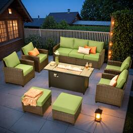 Ovios - 3 PCS Patio Furniture Set, Rattan Wicker Conversation Couch with Ottoman - Green