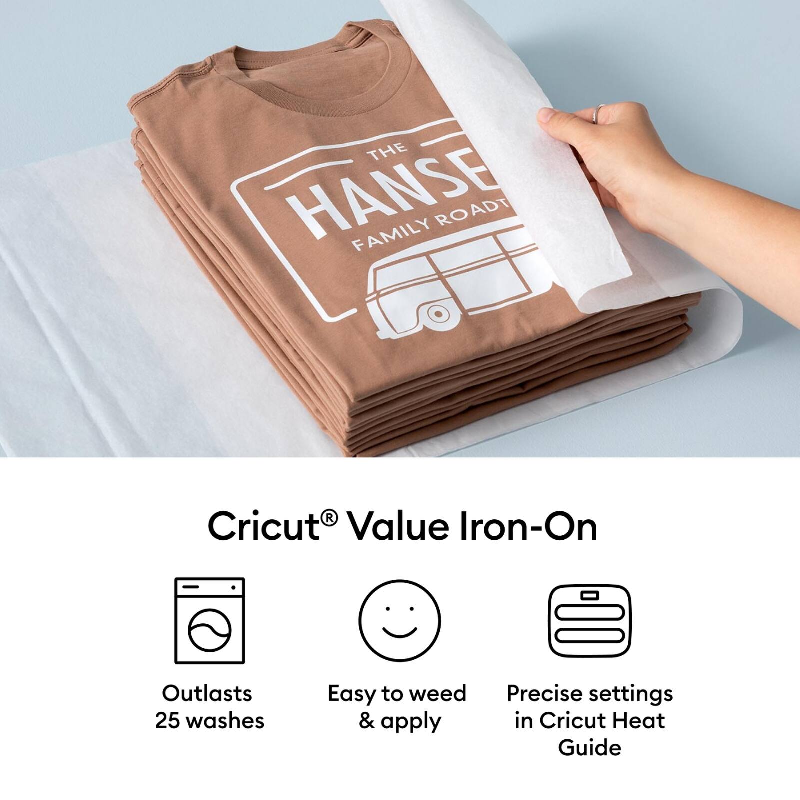Cricut® Value Iron-On

- Outlasts 25 washes
- Easy to weed & apply
- Precise settings in Cricut Heat Guide