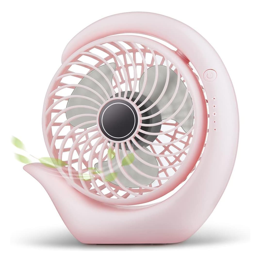 Front. FINEAK - 3-Speed USB Battery Operated Desk Fan, 8-24H Runtime for Office Home (Light Pink).