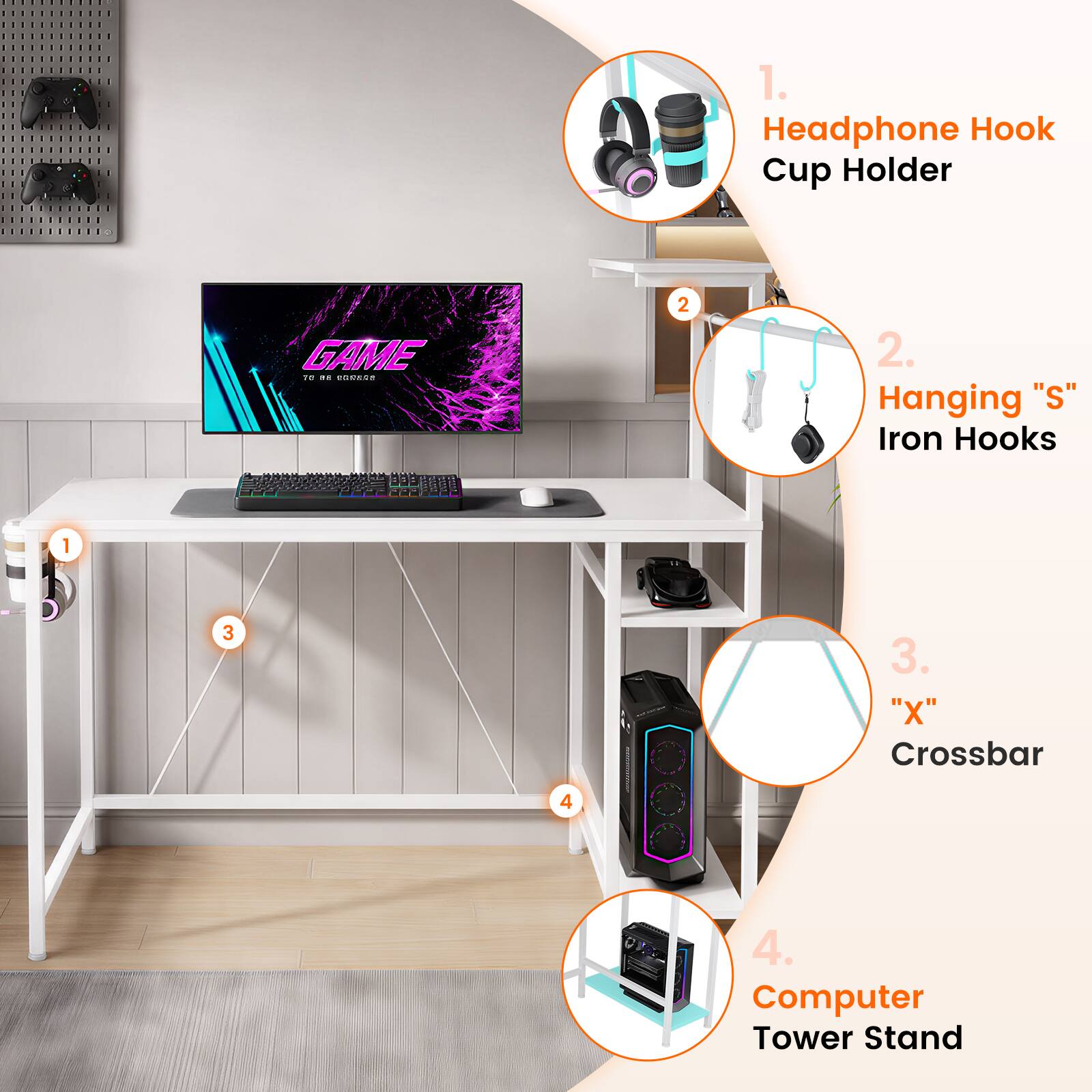 1. Headphone Hook Cup Holder
2. Hanging "S" Iron Hooks
3. "X" Crossbar
4. Computer Tower Stand