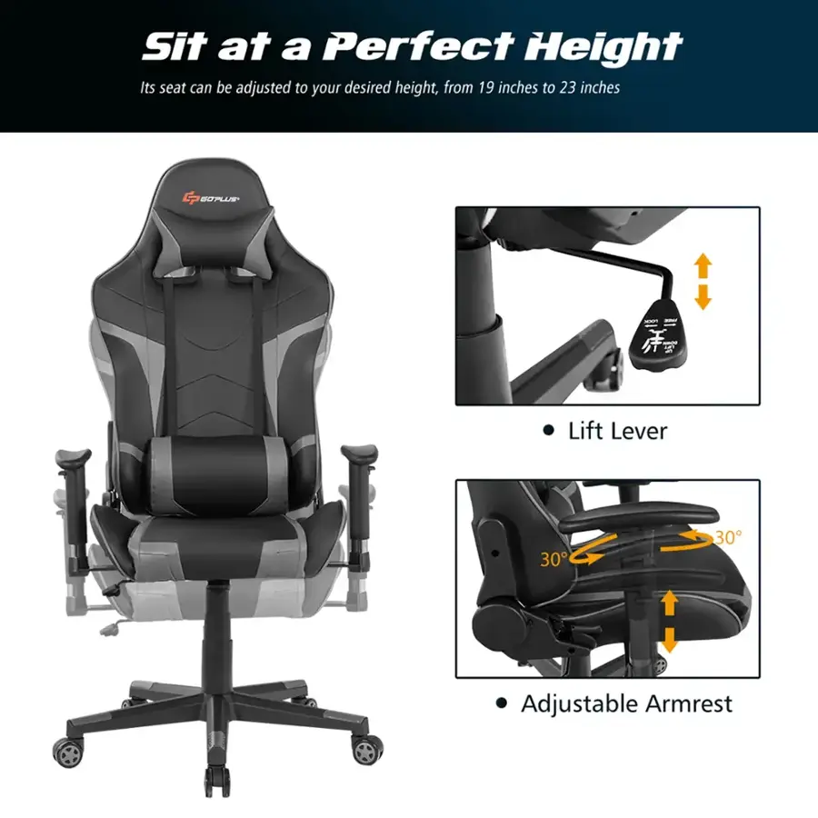 The image features a black office chair with a lift lever, which can be adjusted to your desired height, ranging from 19 inches to 23 inches. The chair also has an adjustable armrest, providing added comfort and support for the user.