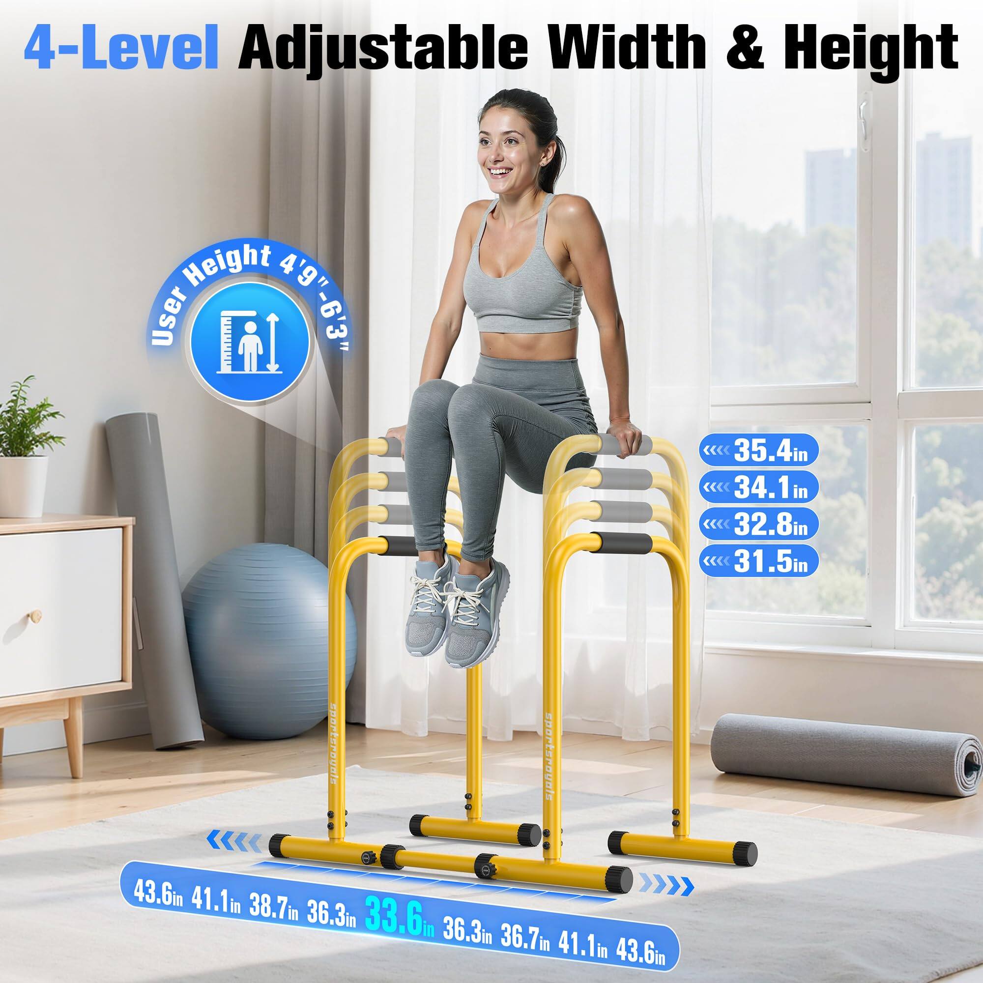 4-Level Adjustable Width & Height  
User Height 4'9" - 6'3"  
Width: 35.4in, 34.1in, 32.8in, 31.5in  
Height: 43.6in, 41.1in, 38.7in, 36.3in, 33.6in, 36.3in, 36.7in, 41.1in, 43.6in