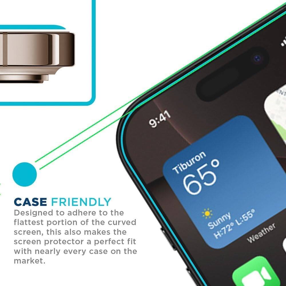 N 9:41 Tiburon 65°  
CASE FRIENDLY  
Designed to adhere to the flattest portion of the curved screen, this also makes the screen protector a perfect fit with nearly every case on the market.  
Sunny H:72° L:55° Weather