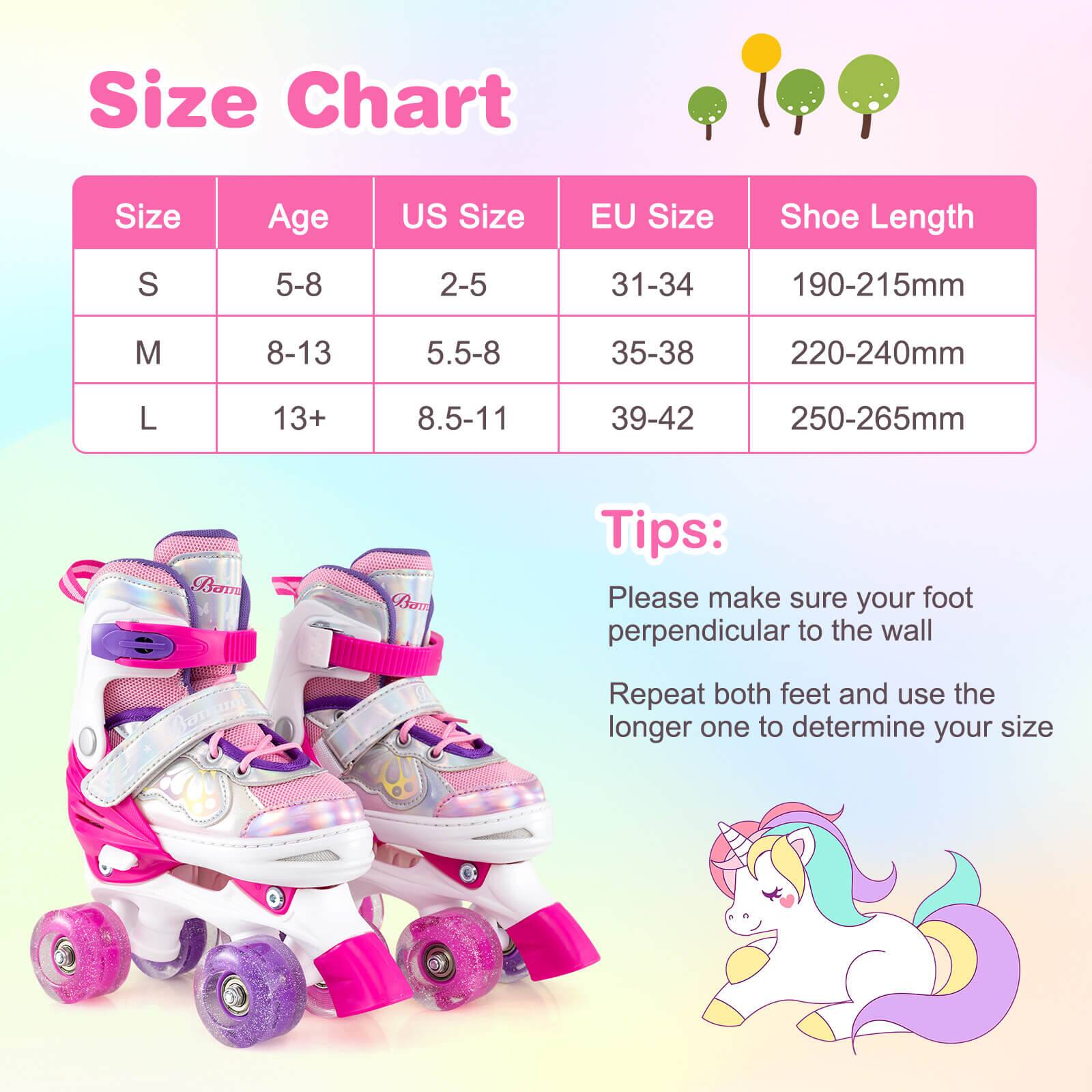 Sure, here is the corrected and grouped text from the image:

---

**Size Chart**

| Size | Age | US Size | EU Size | Shoe Length |
|------|-----|---------|---------|-------------|
| S    | 5-8 | 2-5     | 31-34   | 190-215mm    |
| M    | 8-13| 5.5-8   | 35-38   | 220-240mm    |
| L    | 13+ | 8.5-11  | 39-42   | 250-265mm    |

**Tips:**

- Please make sure your foot perpendicular to the wall
- Repeat both feet and use the longer one to determine your size

---