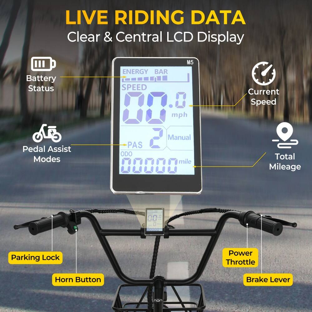 LIVE RIDING DATA  
Clear & Central LCD Display

- Battery Status
- Pedal Assist Modes
- Current Speed (mph)
- Total Mileage (mile)
- Energy Bar
- Manual
- Parking Lock
- Horn Button
- Power Throttle
- Brake Lever