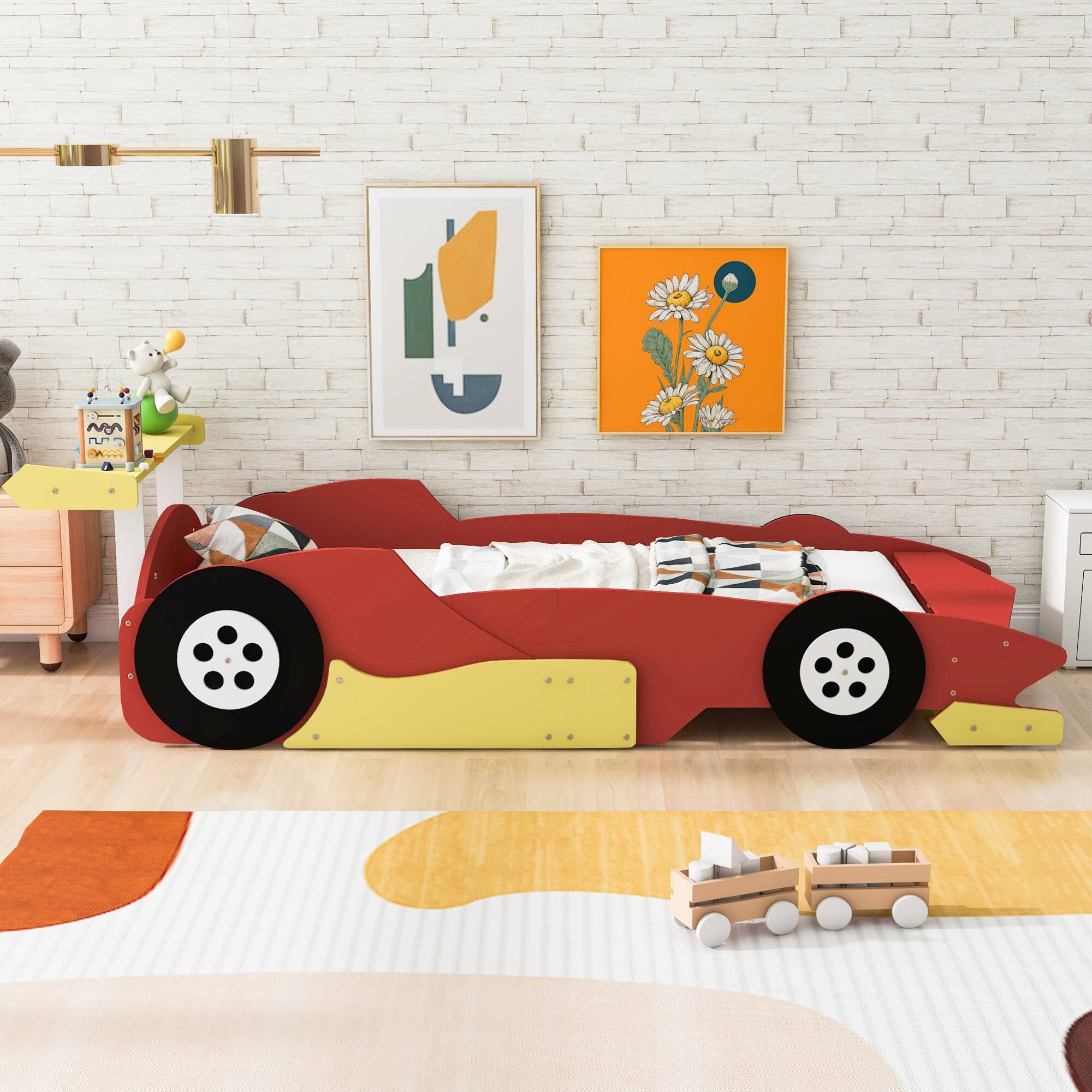 Back. GOODSILO - Twin Size Youth Race Car Themed Platform Bed with Side Rails and Decorative Wheels - Red.