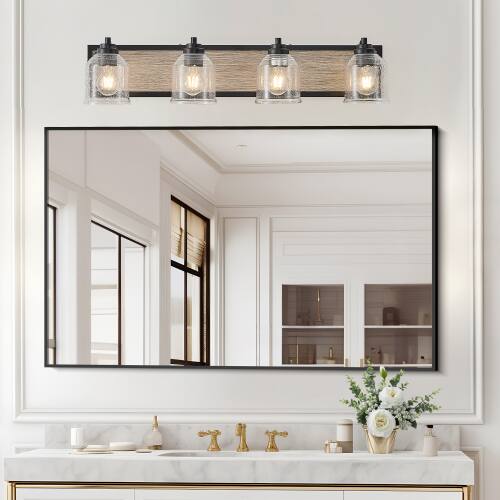 Angle. LUCKY ONE - 32in Wall Mount Vanity Light, 4-Light Farmhouse Black Wood Sconce with Seeded Glass Shades - Black.