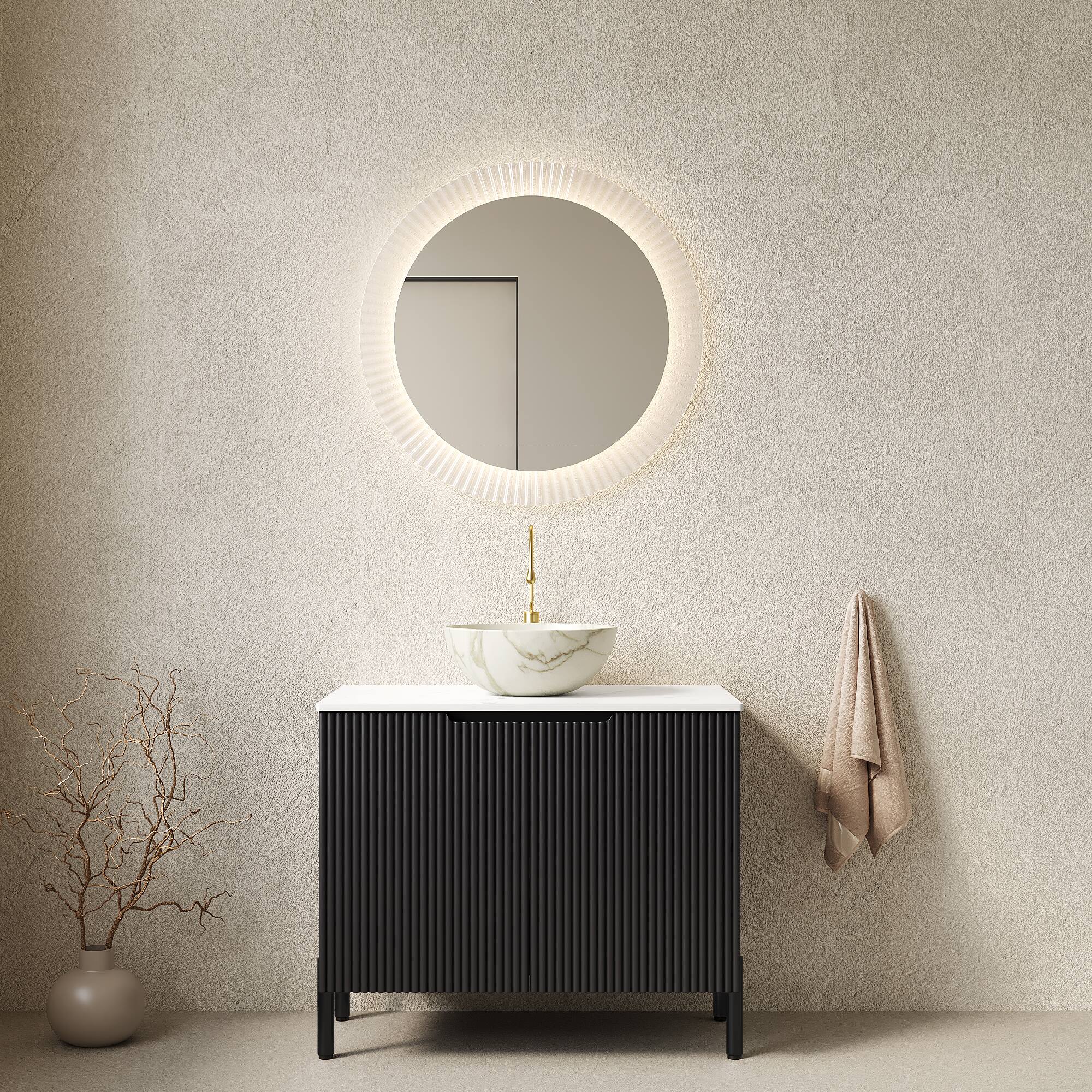 Front. Tiramisubest - TURIO 30" Bathroom Vanity with Sink, Carrara White Sintered Stone Top, Bowl Ceramic Basin with Stone Pattern, No Faucet - Black,Carrara White,Stone White.
